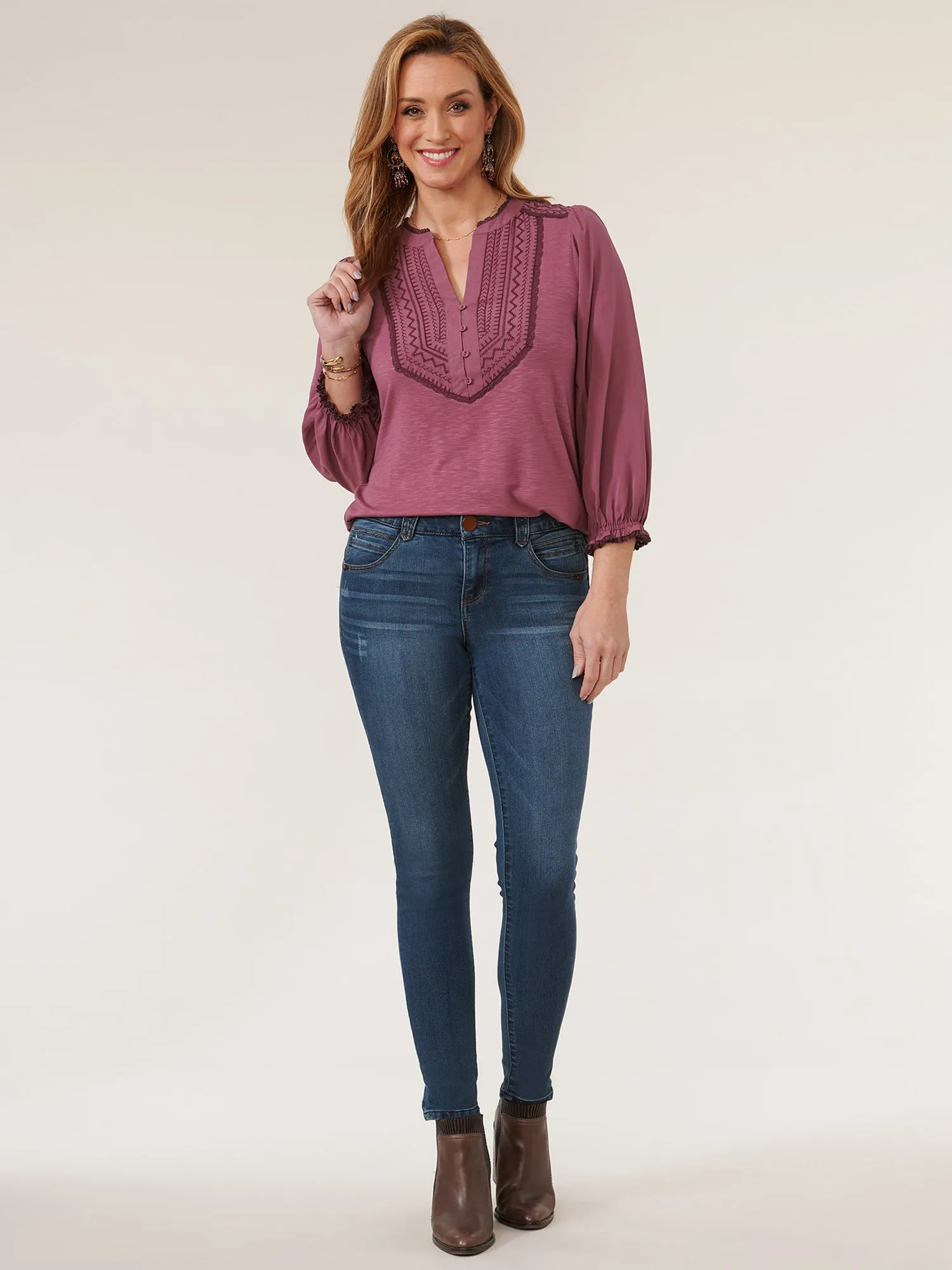 3/4 Blouson Sleeve Embroidered Ruffle Edge Petite Knit Top