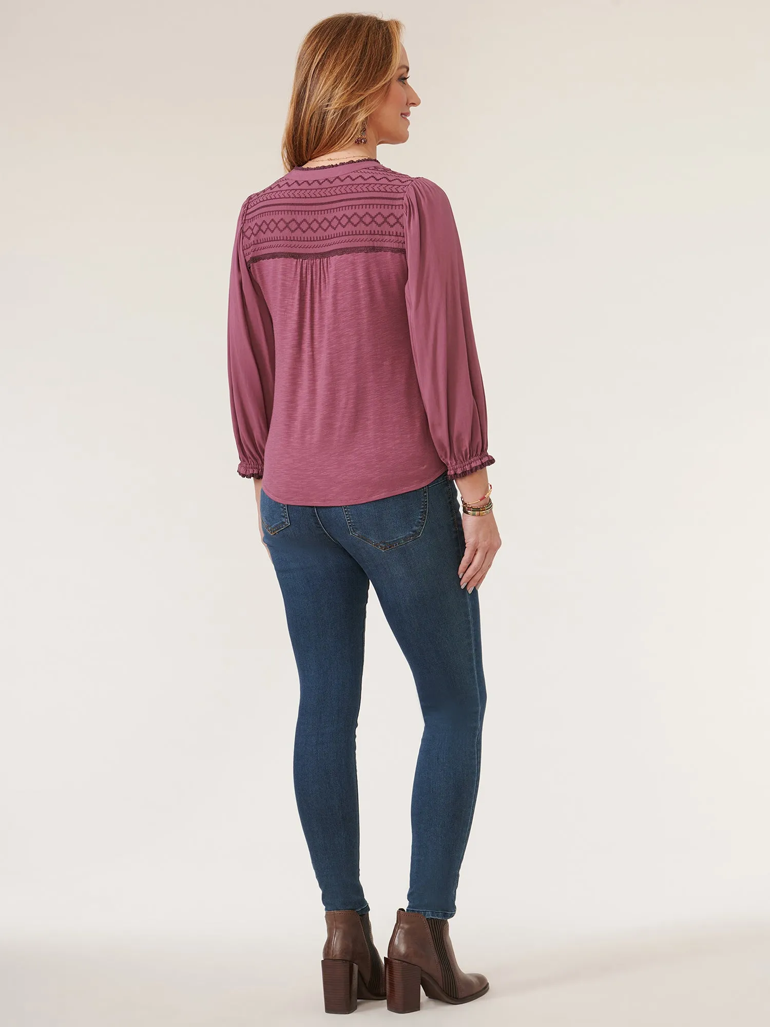 3/4 Blouson Sleeve Embroidered Ruffle Edge Petite Knit Top