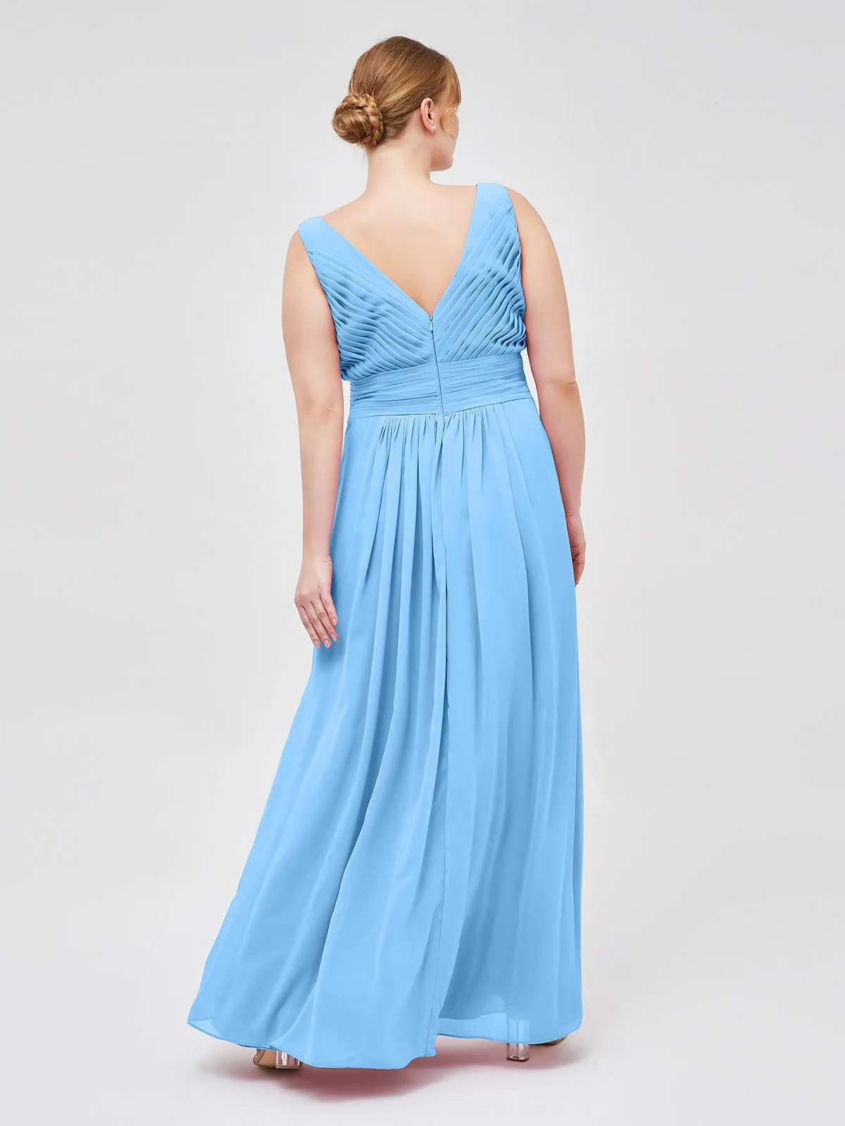 A-line Chiffon Floor Length V Neck Dresses Blue
