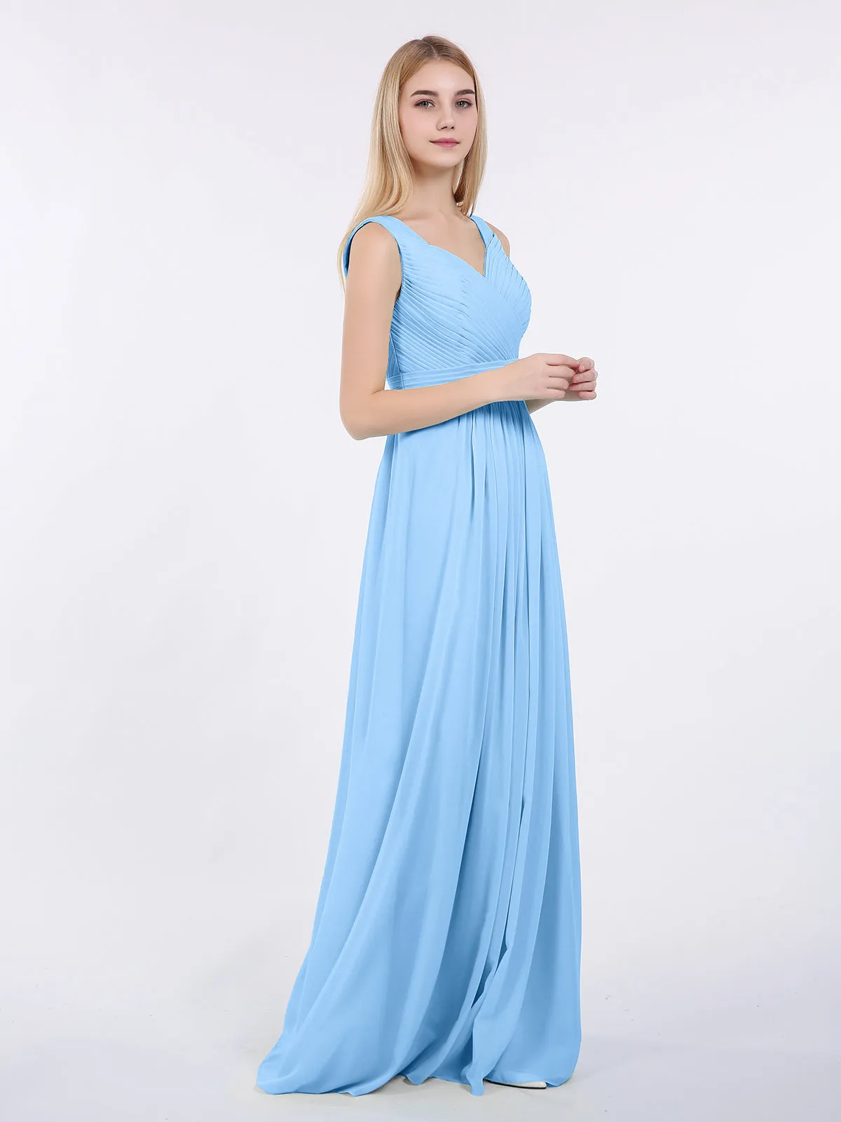 A-line Chiffon Floor Length V Neck Dresses Blue