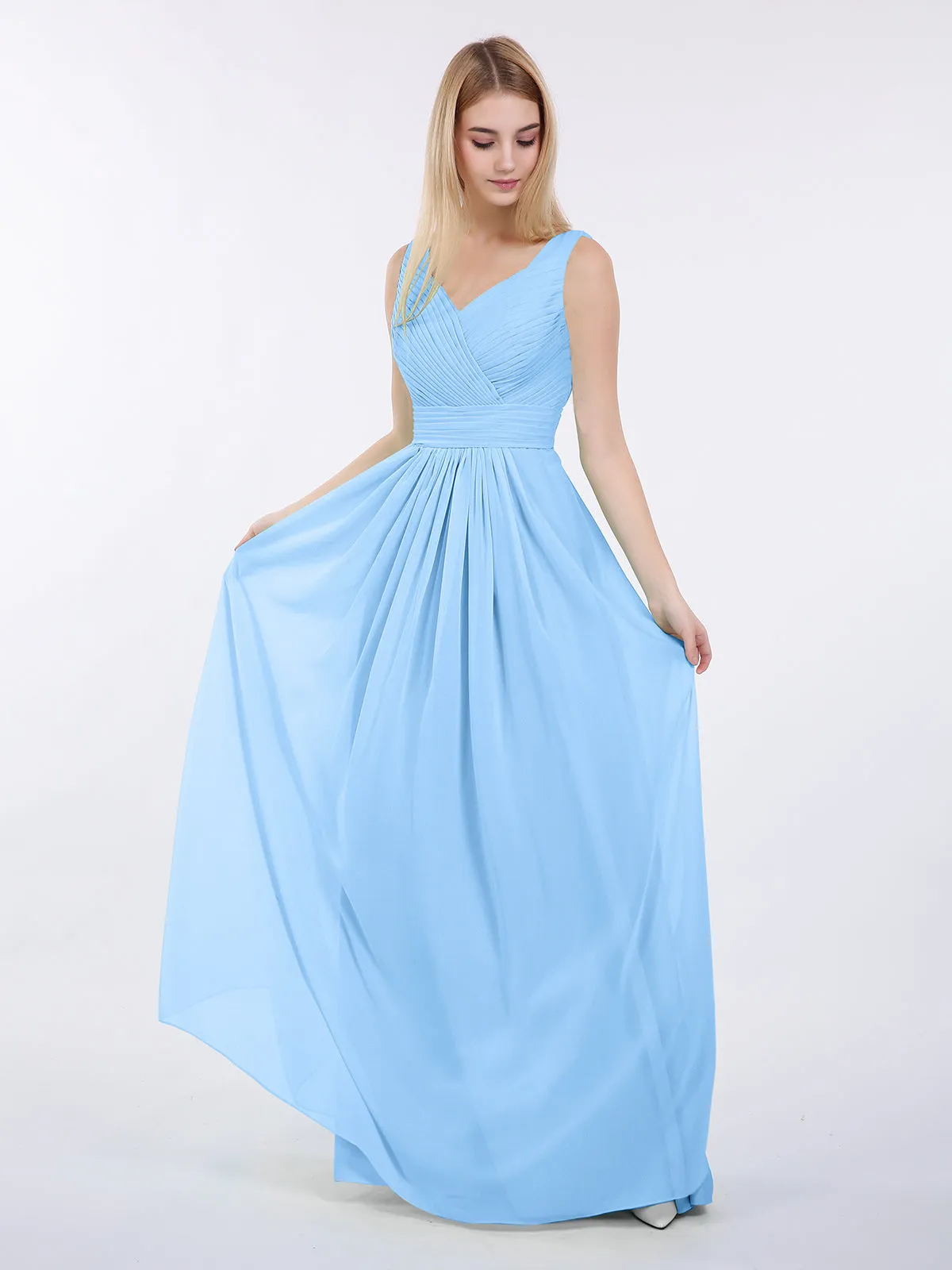 A-line Chiffon Floor Length V Neck Dresses Blue