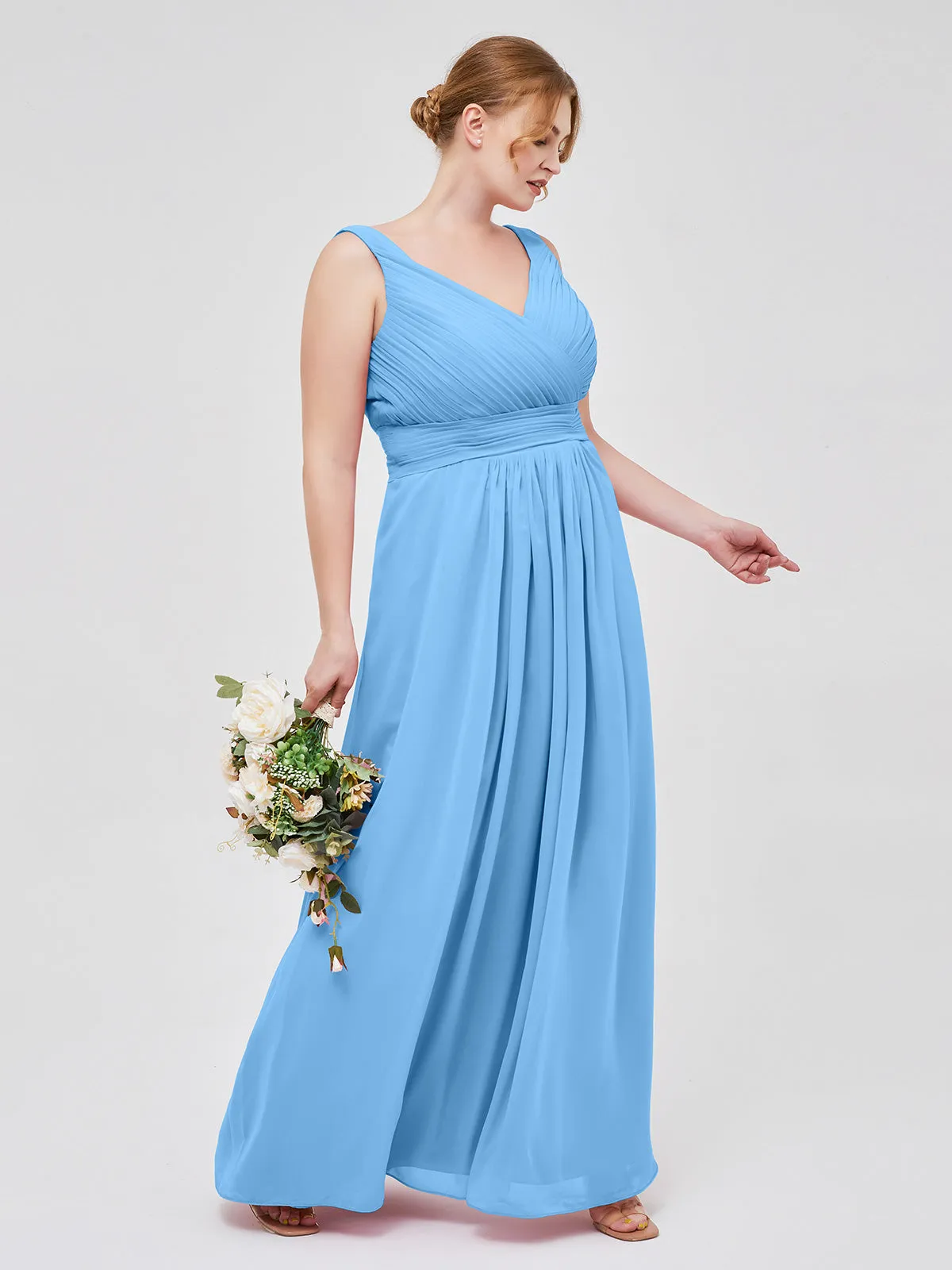 A-line Chiffon Floor Length V Neck Dresses Blue