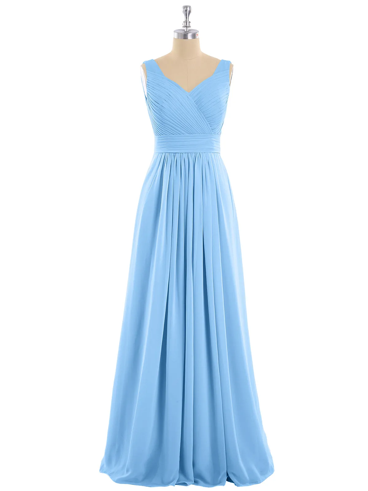 A-line Chiffon Floor Length V Neck Dresses Blue