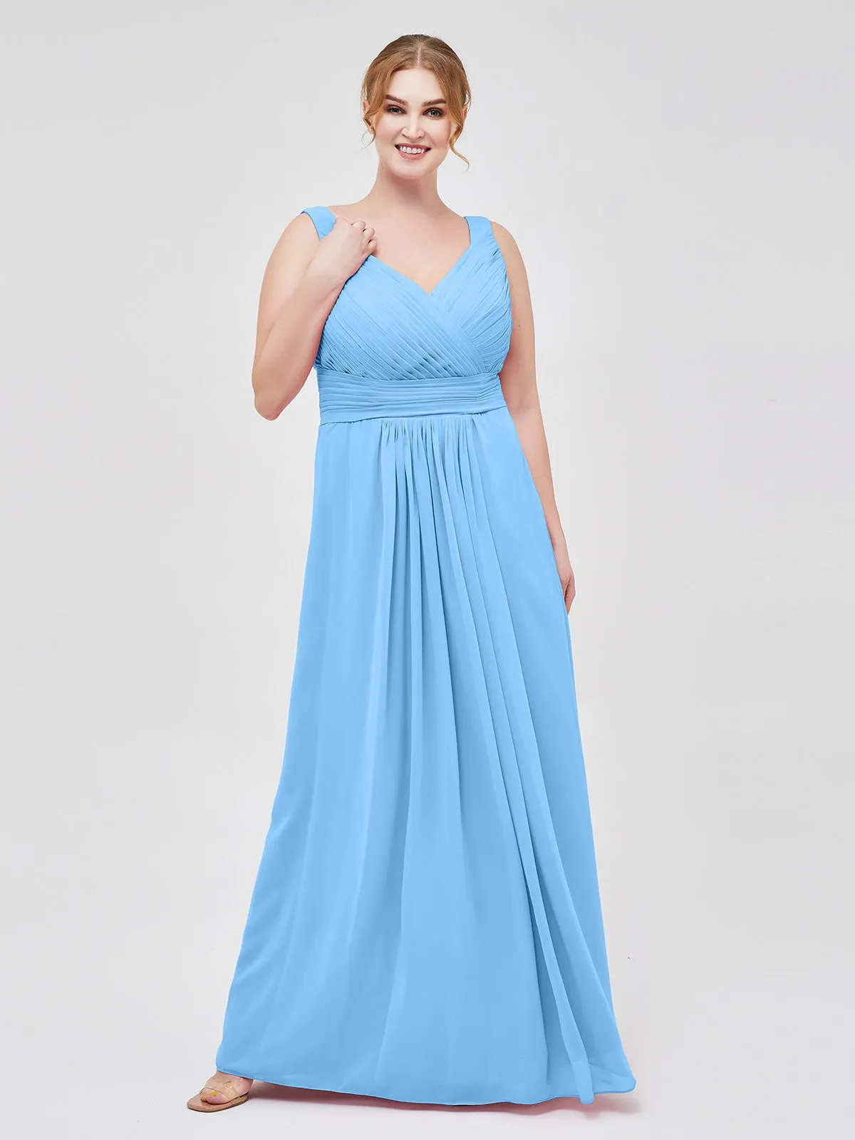 A-line Chiffon Floor Length V Neck Dresses Blue