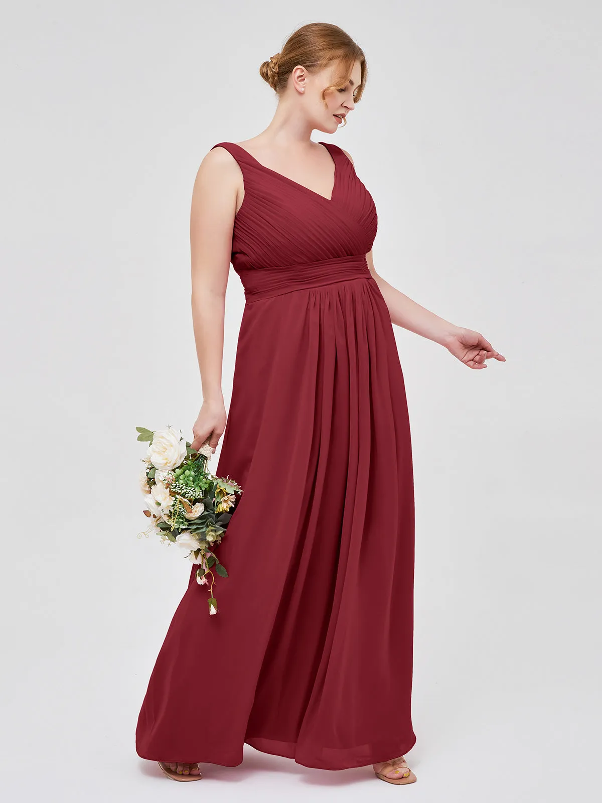 A-line Chiffon Floor Length V Neck Dresses Burgundy Plus Size