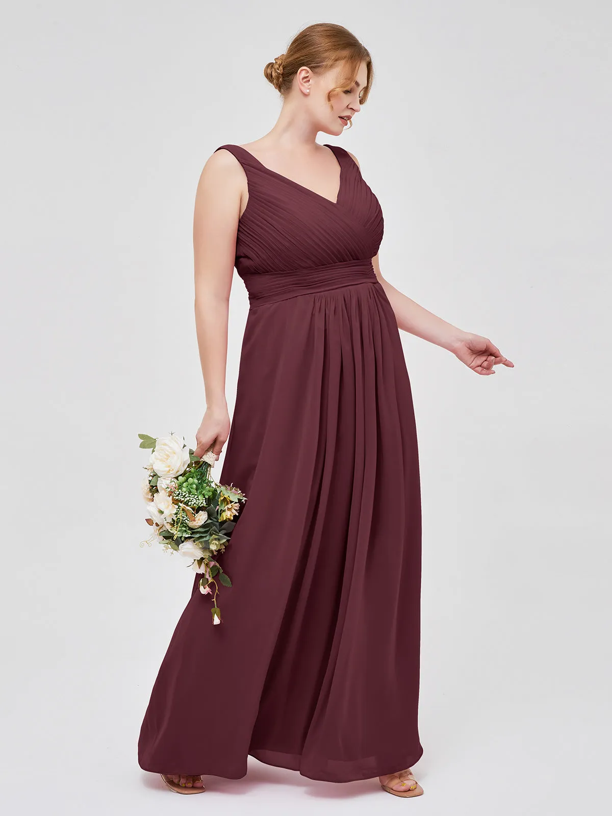 A-line Chiffon Floor Length V Neck Dresses Cabernet