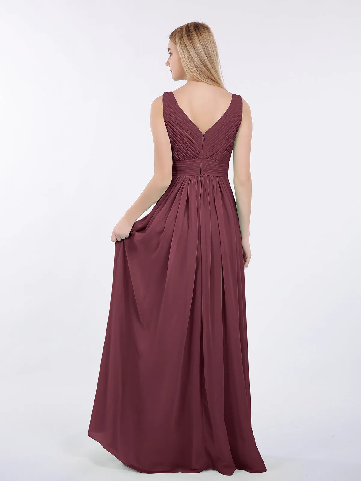 A-line Chiffon Floor Length V Neck Dresses Cabernet