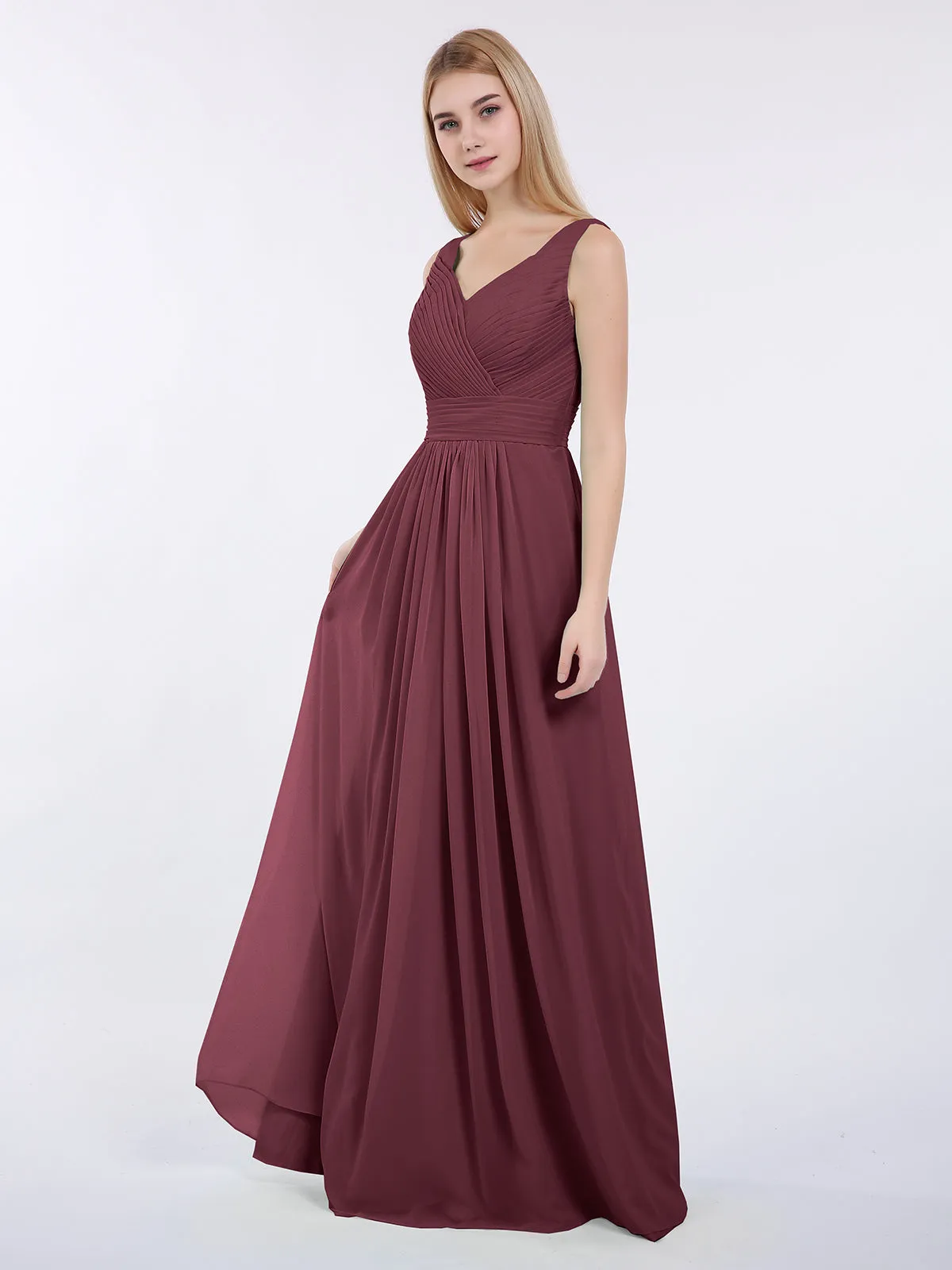 A-line Chiffon Floor Length V Neck Dresses Cabernet