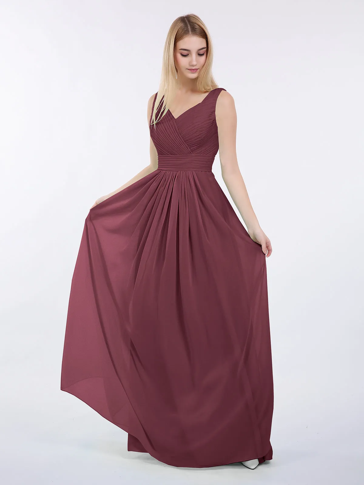 A-line Chiffon Floor Length V Neck Dresses Cabernet
