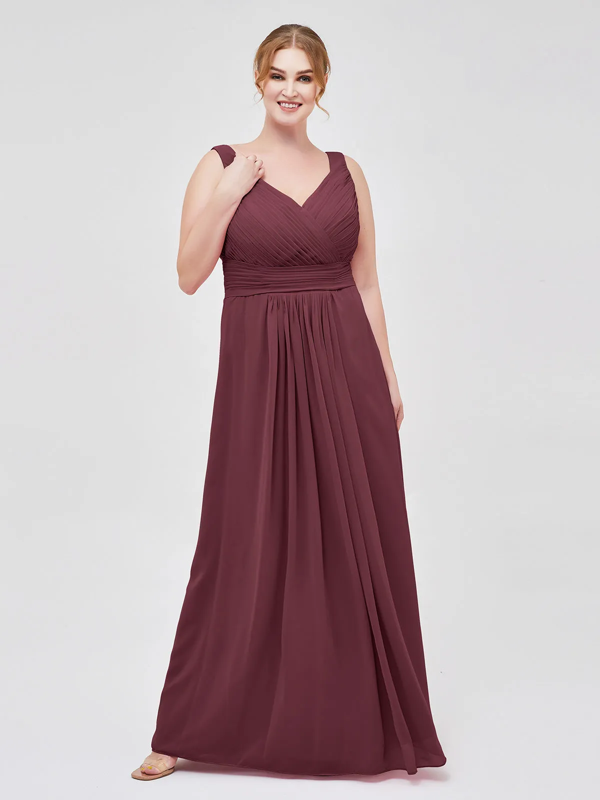 A-line Chiffon Floor Length V Neck Dresses Cabernet
