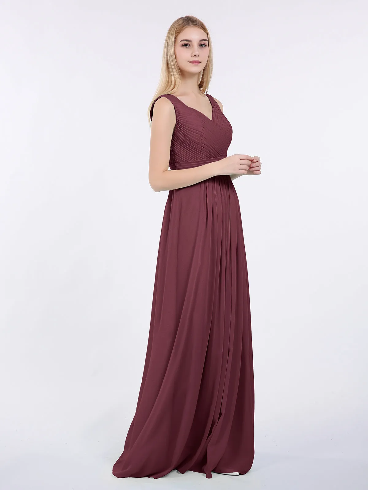 A-line Chiffon Floor Length V Neck Dresses Cabernet