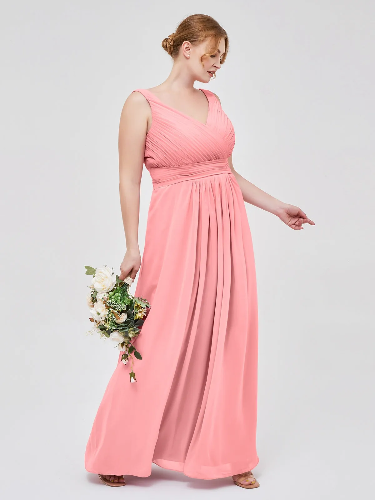 A-line Chiffon Floor Length V Neck Dresses Flamingo