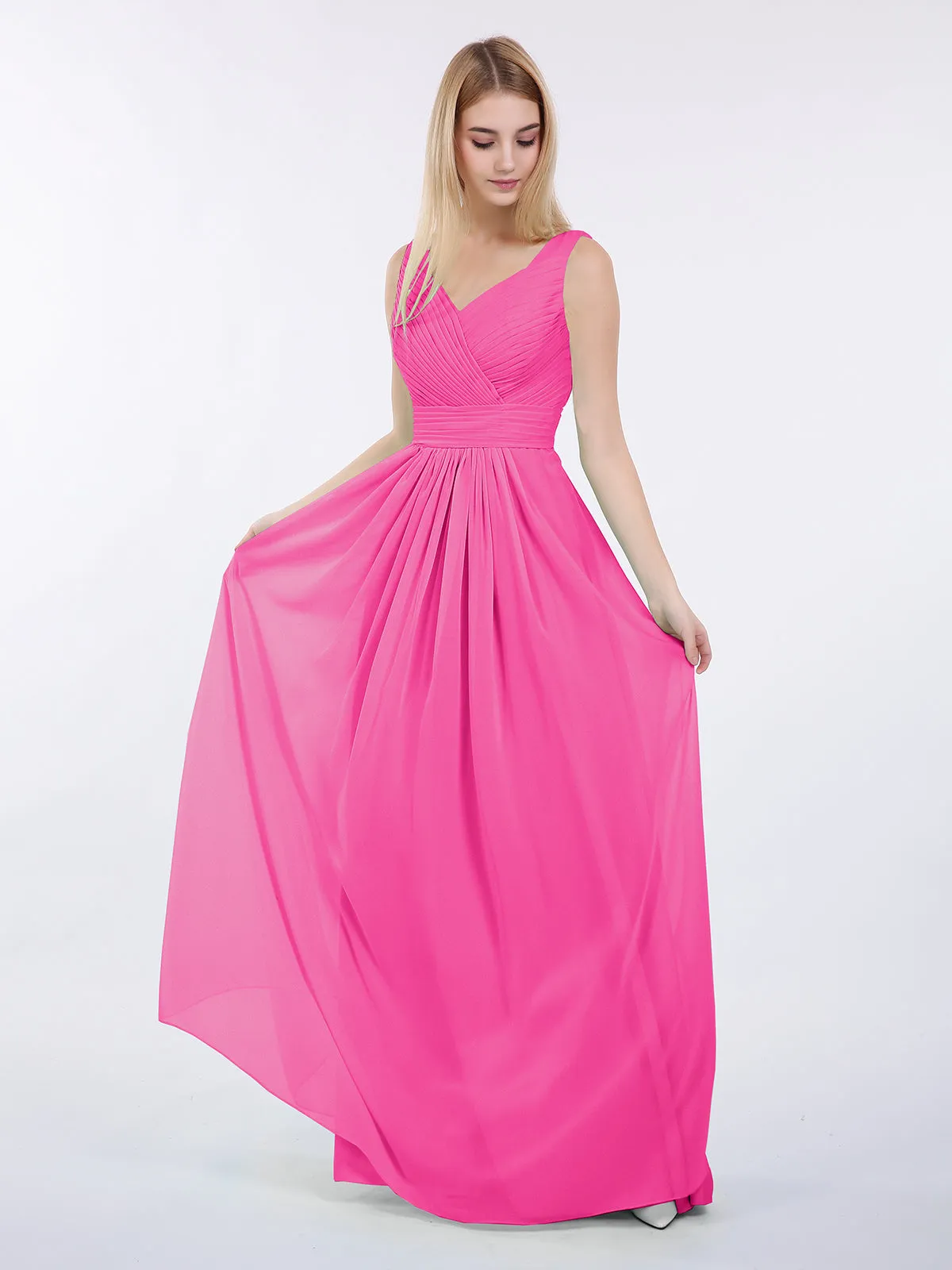 A-line Chiffon Floor Length V Neck Dresses Fuchsia