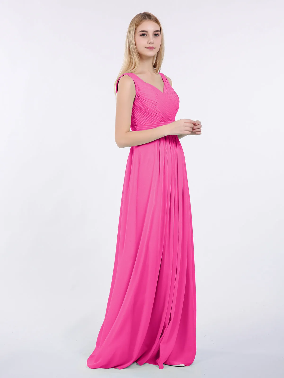 A-line Chiffon Floor Length V Neck Dresses Fuchsia