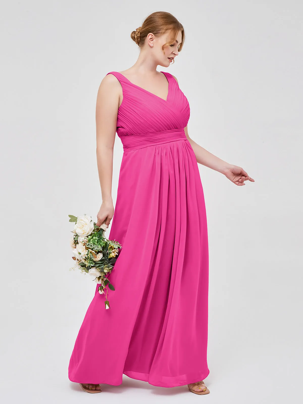 A-line Chiffon Floor Length V Neck Dresses Fuchsia