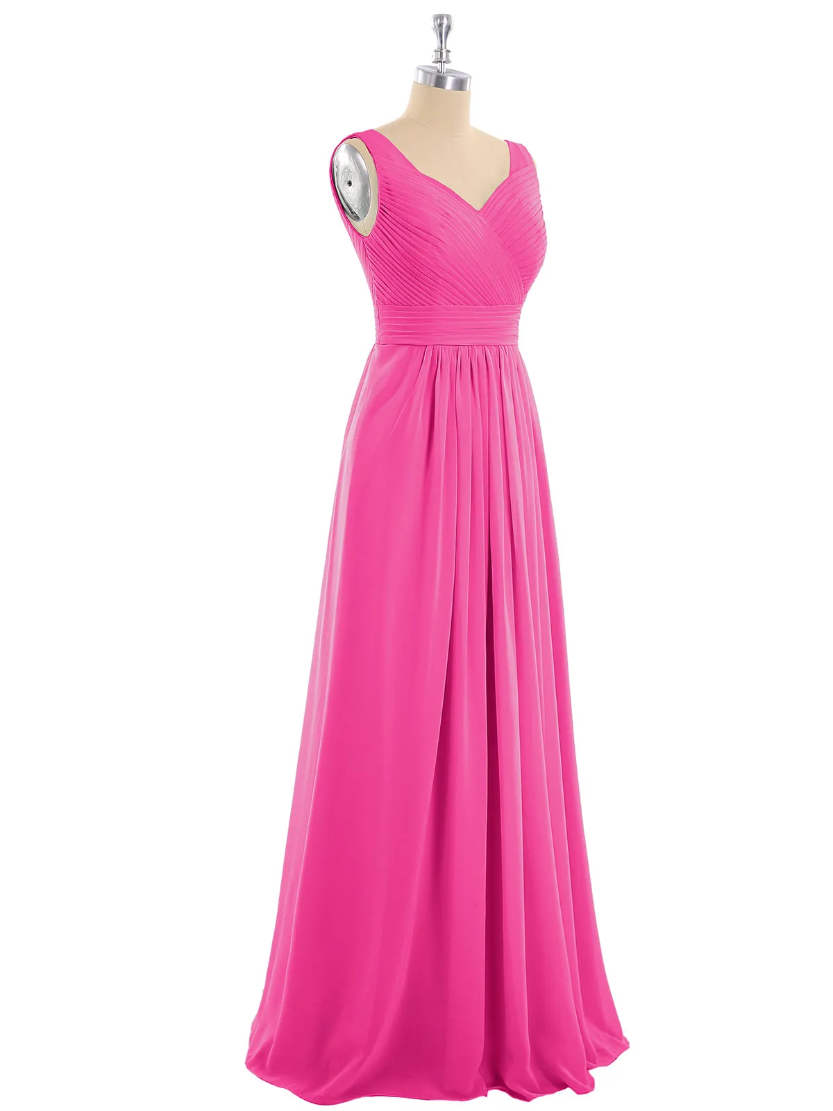 A-line Chiffon Floor Length V Neck Dresses Fuchsia