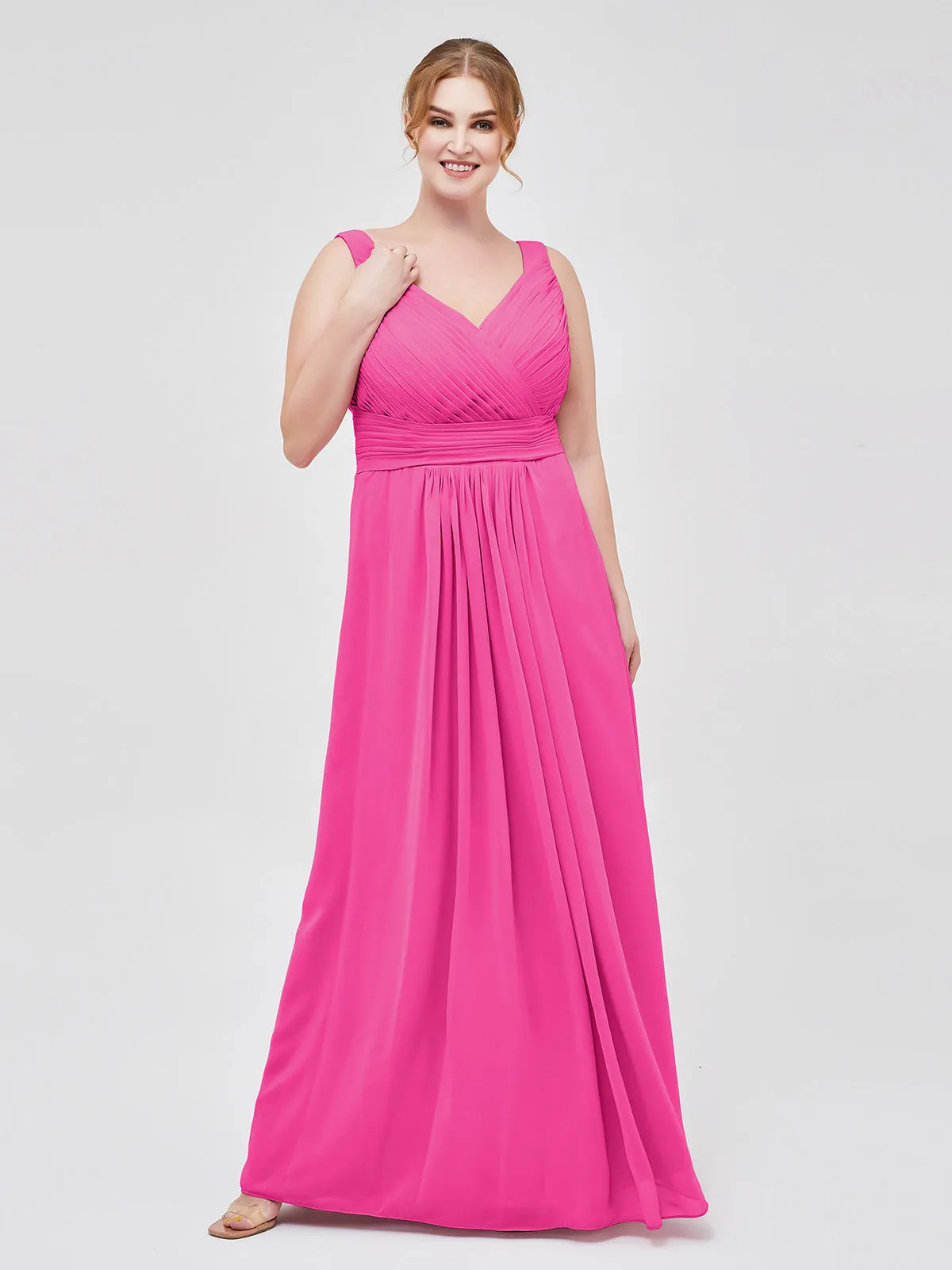 A-line Chiffon Floor Length V Neck Dresses Fuchsia