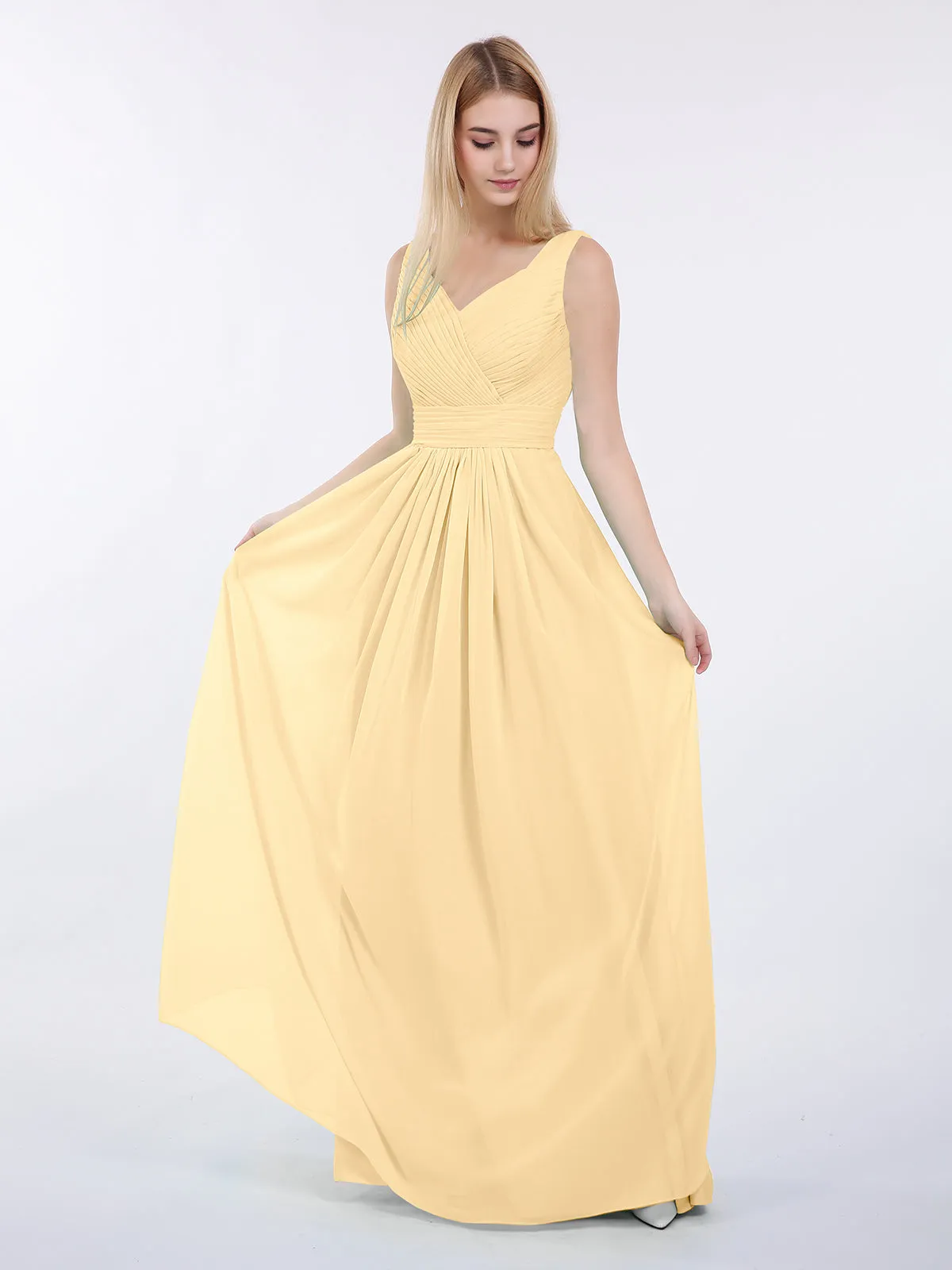 A-line Chiffon Floor Length V Neck Dresses Gold