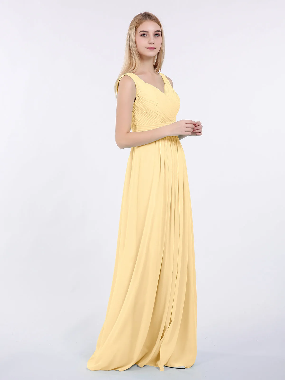 A-line Chiffon Floor Length V Neck Dresses Gold