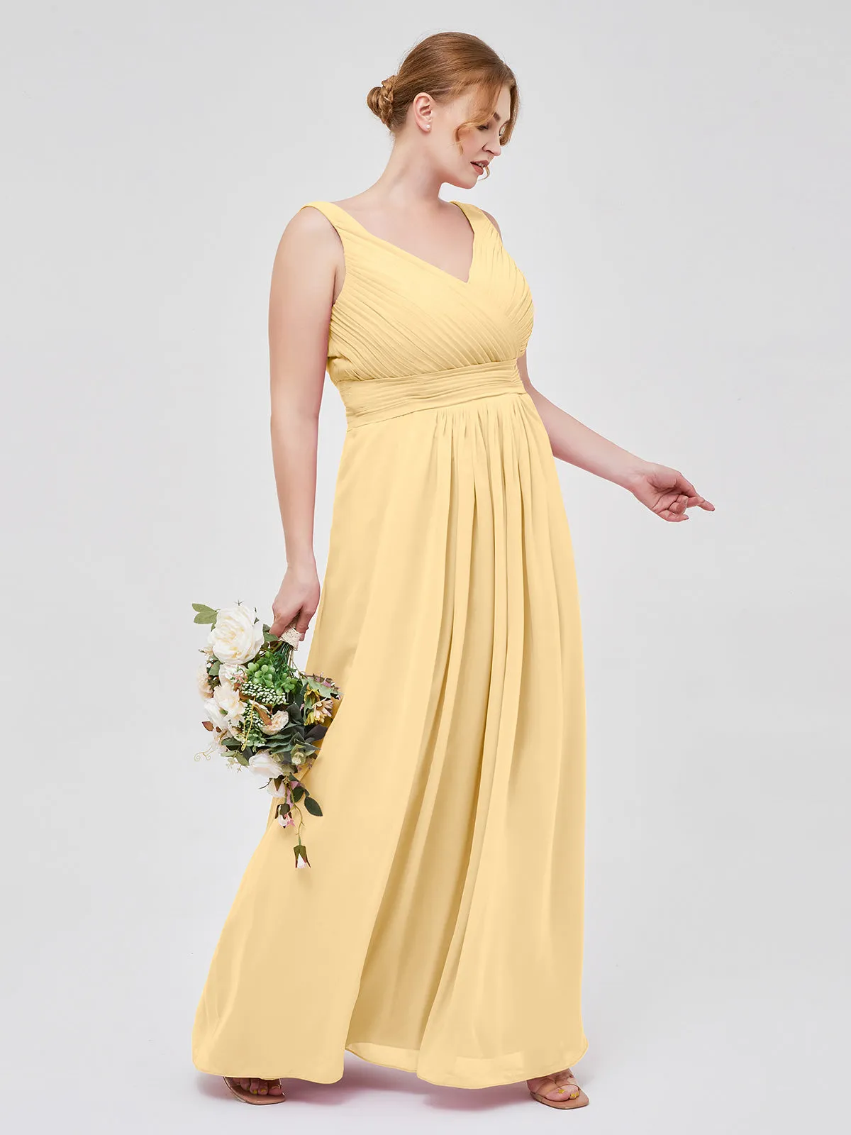 A-line Chiffon Floor Length V Neck Dresses Gold