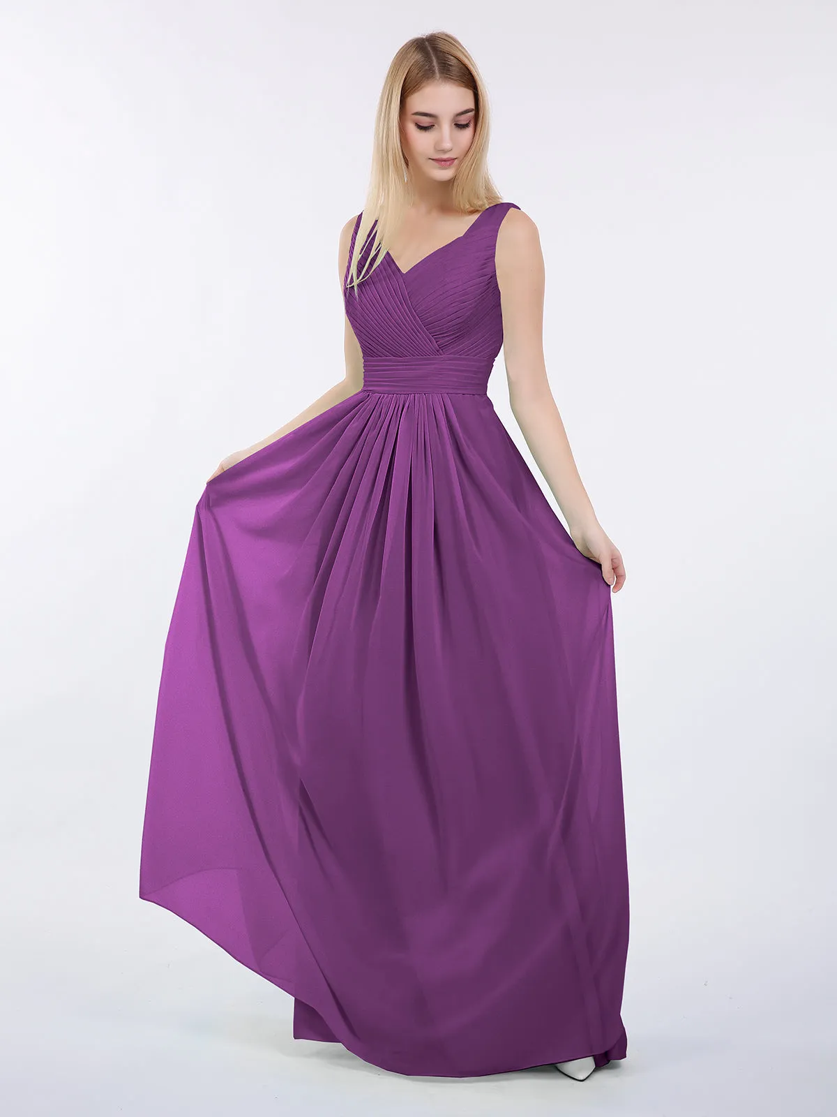 A-line Chiffon Floor Length V Neck Dresses Grape