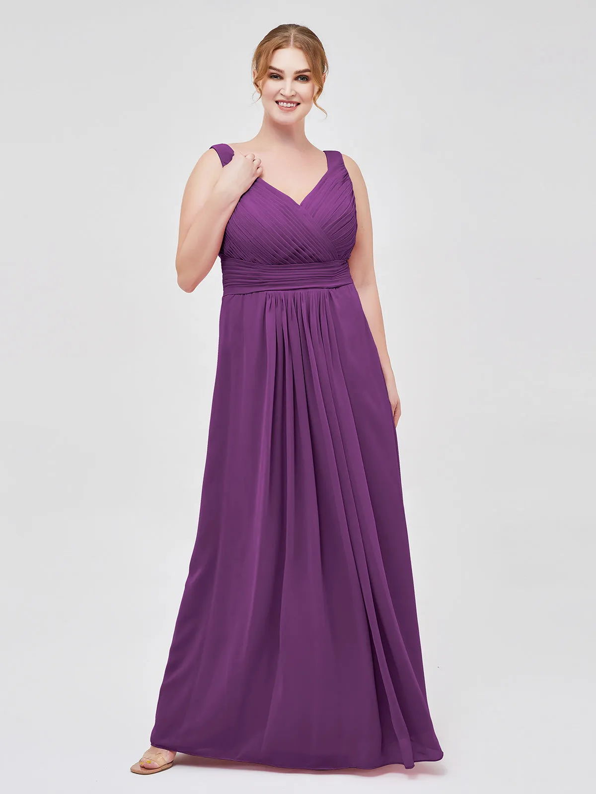 A-line Chiffon Floor Length V Neck Dresses Grape