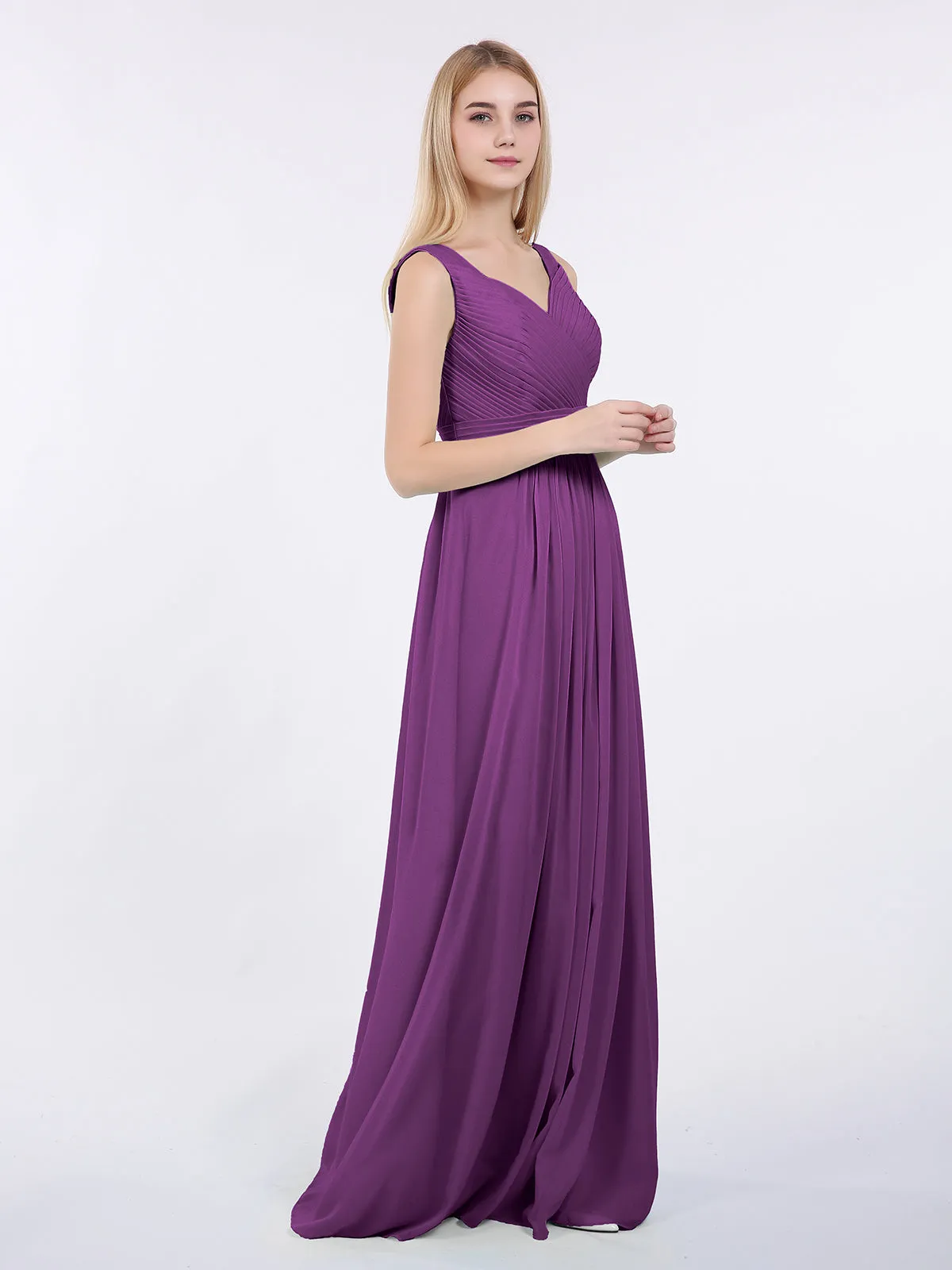 A-line Chiffon Floor Length V Neck Dresses Grape