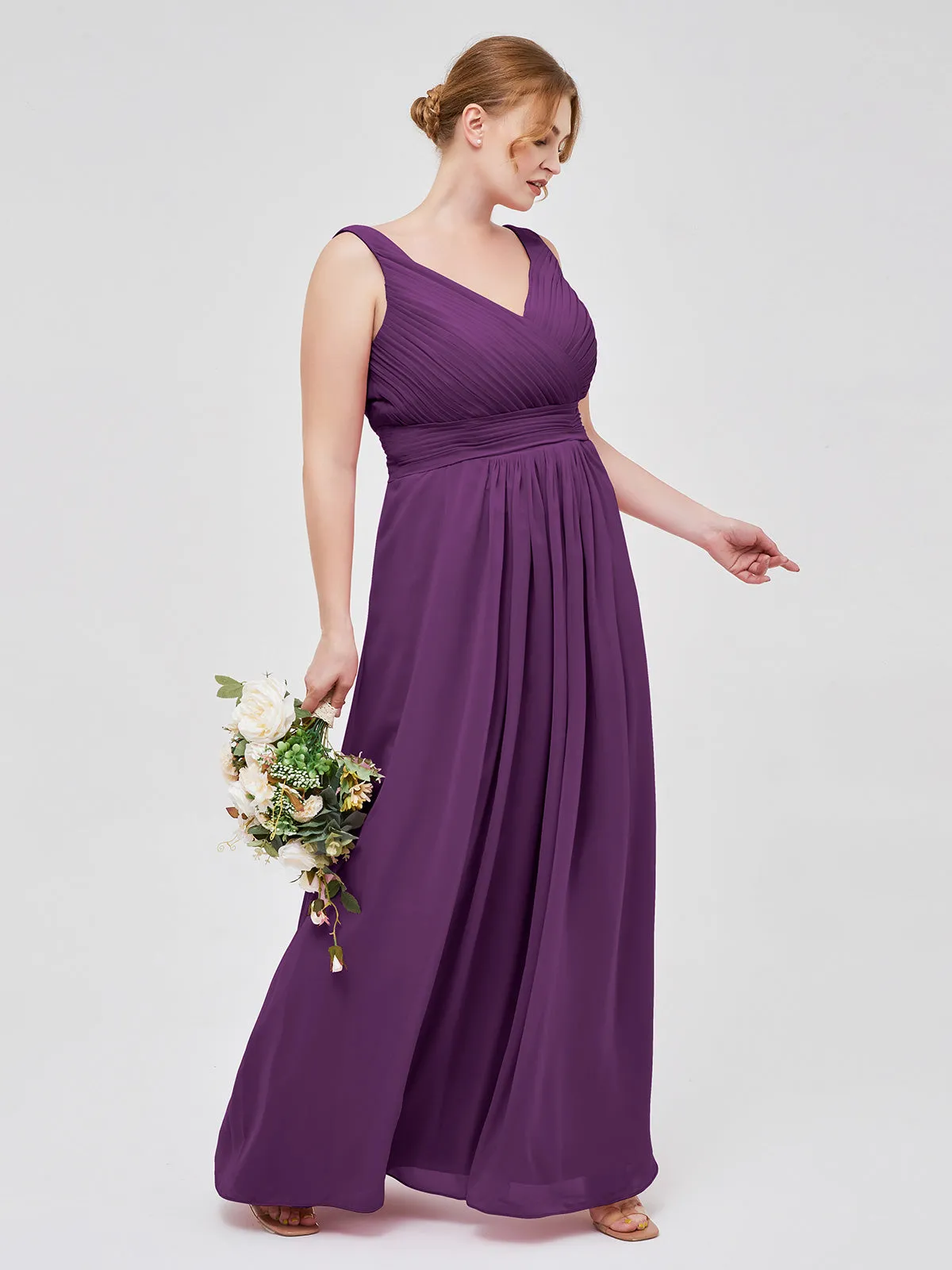 A-line Chiffon Floor Length V Neck Dresses Grape