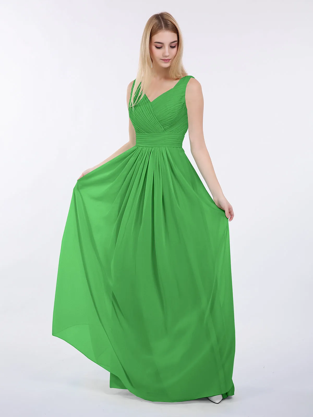 A-line Chiffon Floor Length V Neck Dresses Green