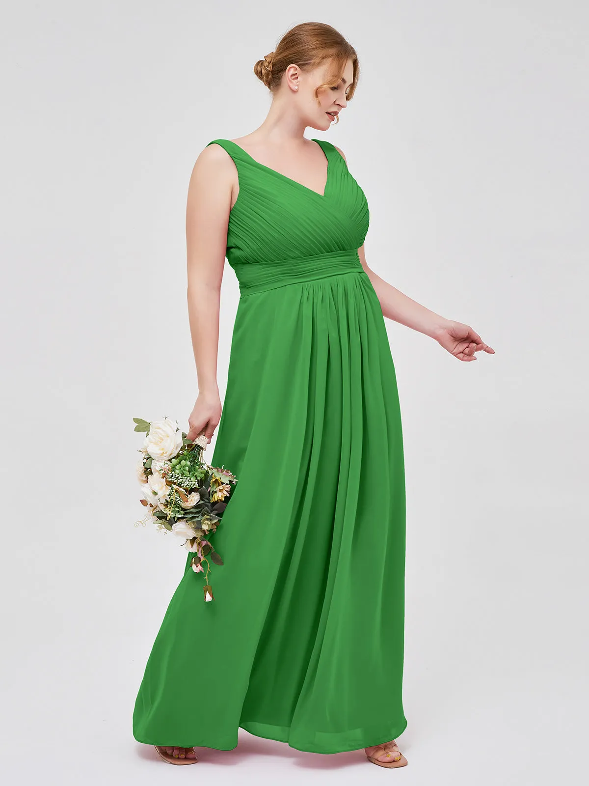 A-line Chiffon Floor Length V Neck Dresses Green