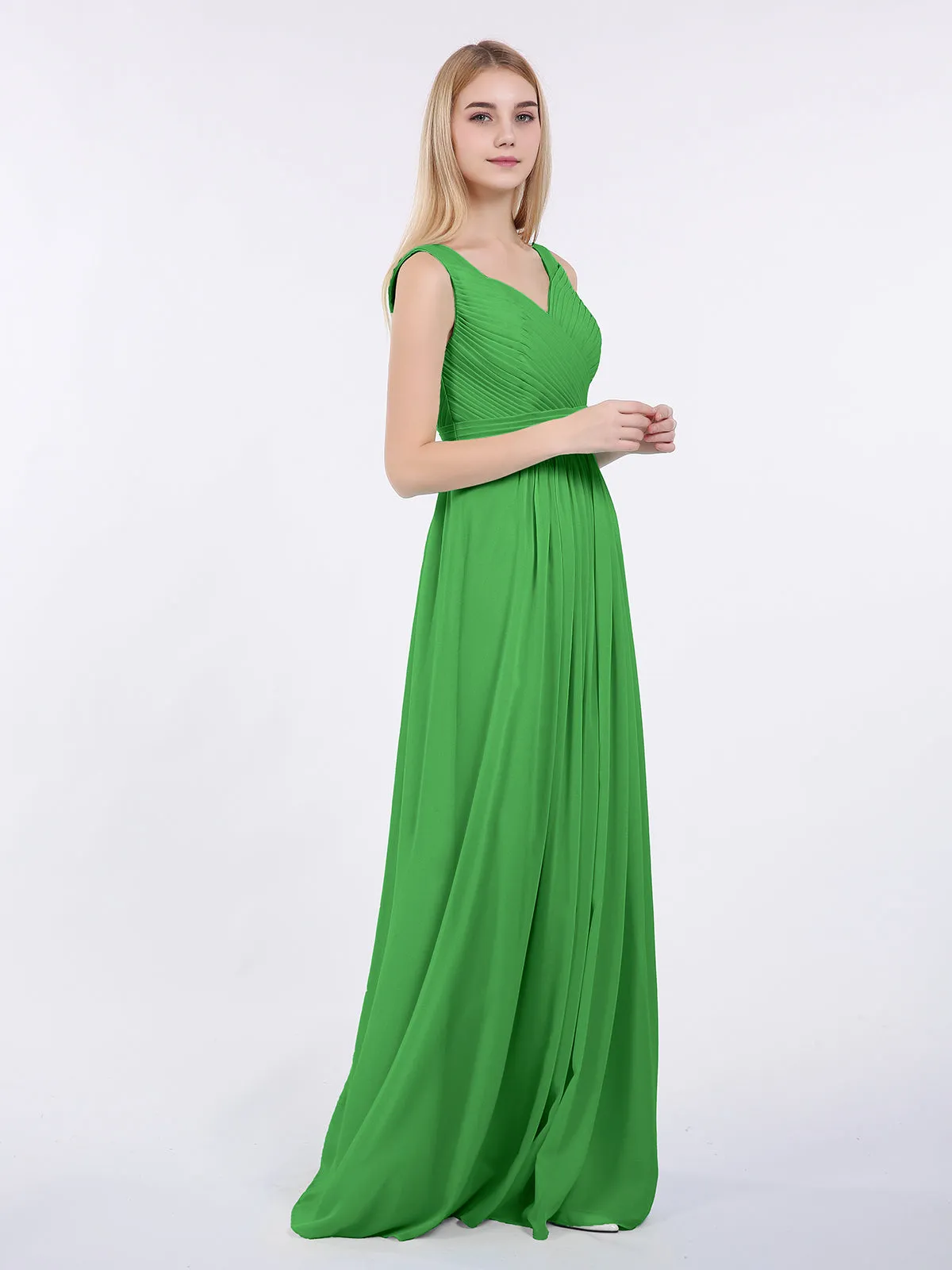 A-line Chiffon Floor Length V Neck Dresses Green