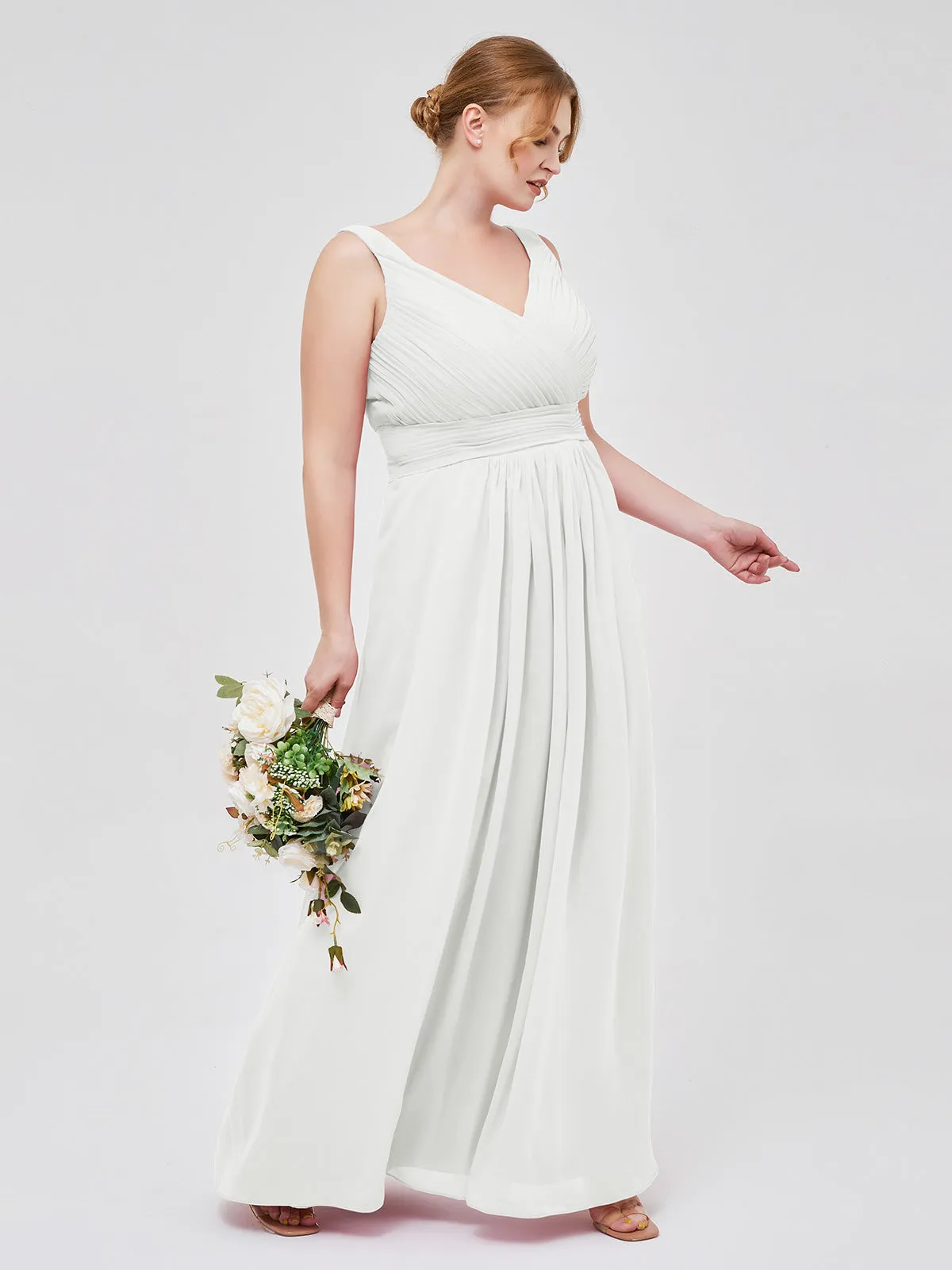 A-line Chiffon Floor Length V Neck Dresses Ivory