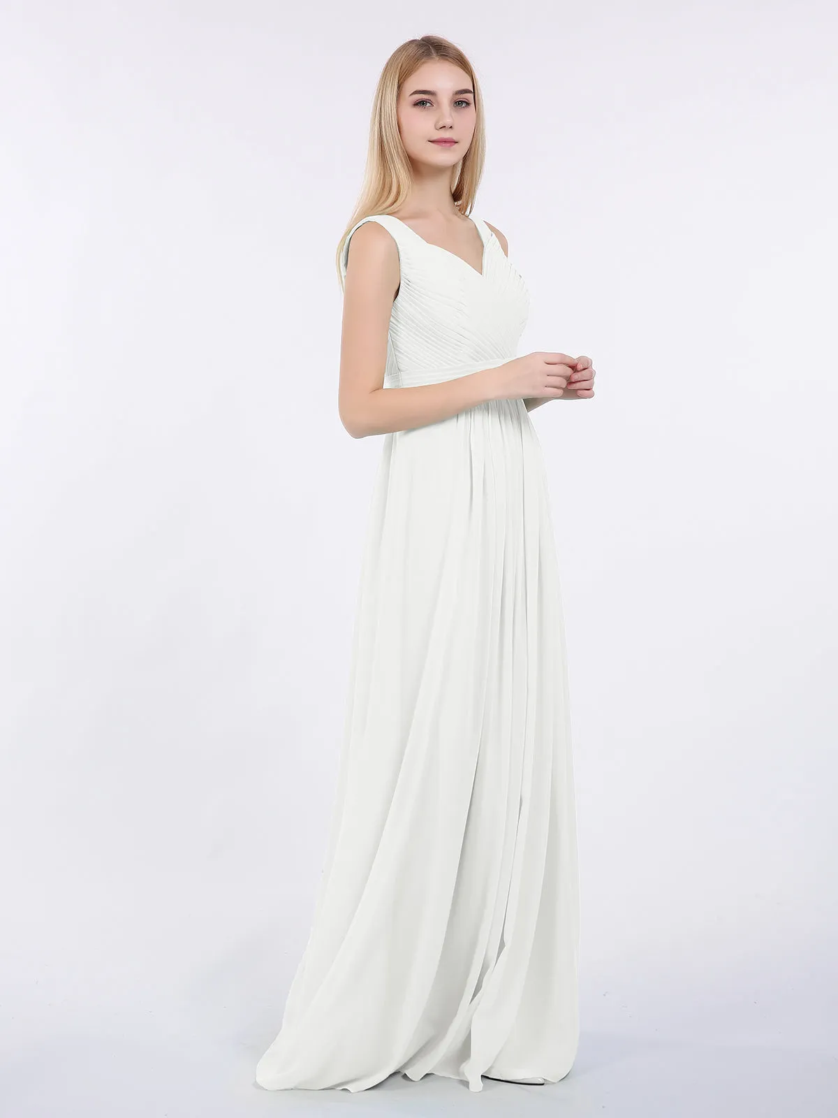 A-line Chiffon Floor Length V Neck Dresses Ivory