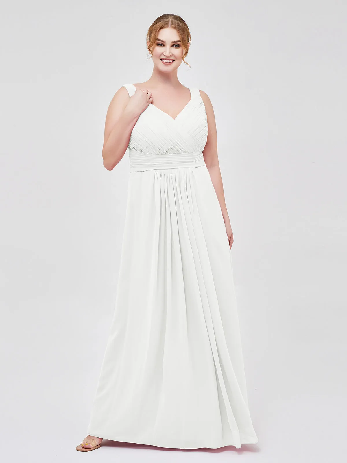 A-line Chiffon Floor Length V Neck Dresses Ivory