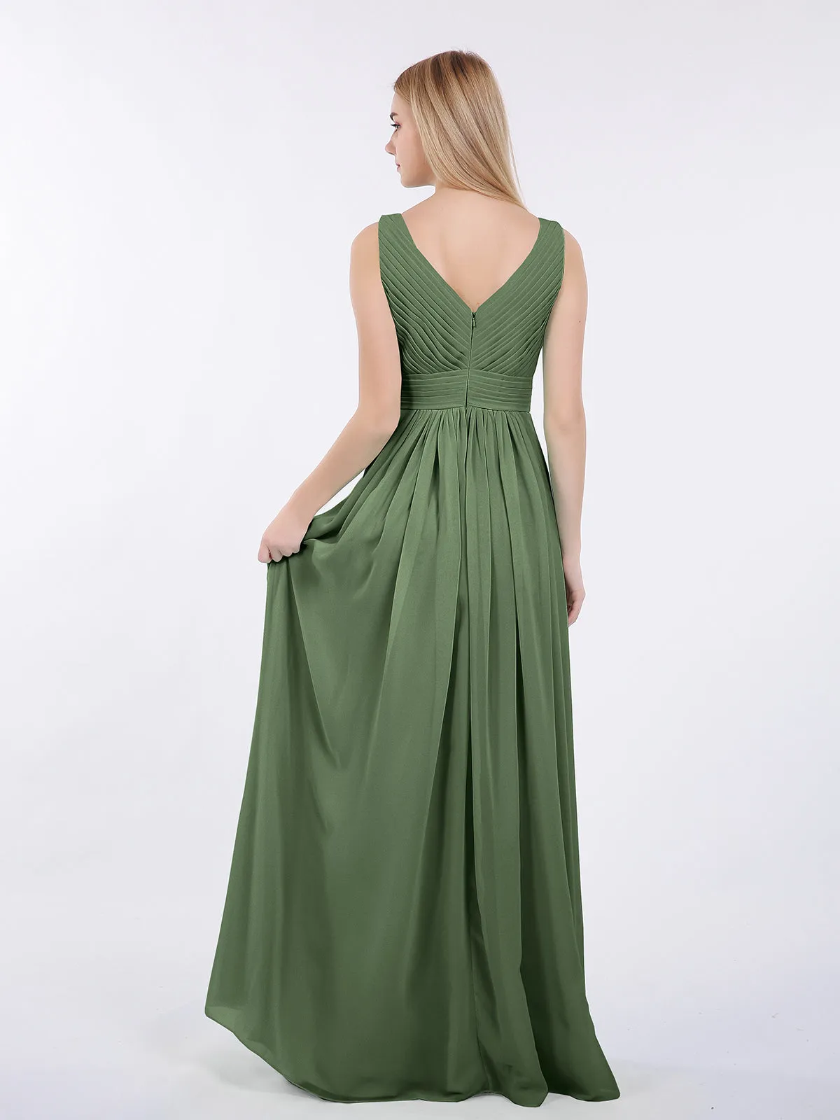 A-line Chiffon Floor Length V Neck Dresses Olive Green