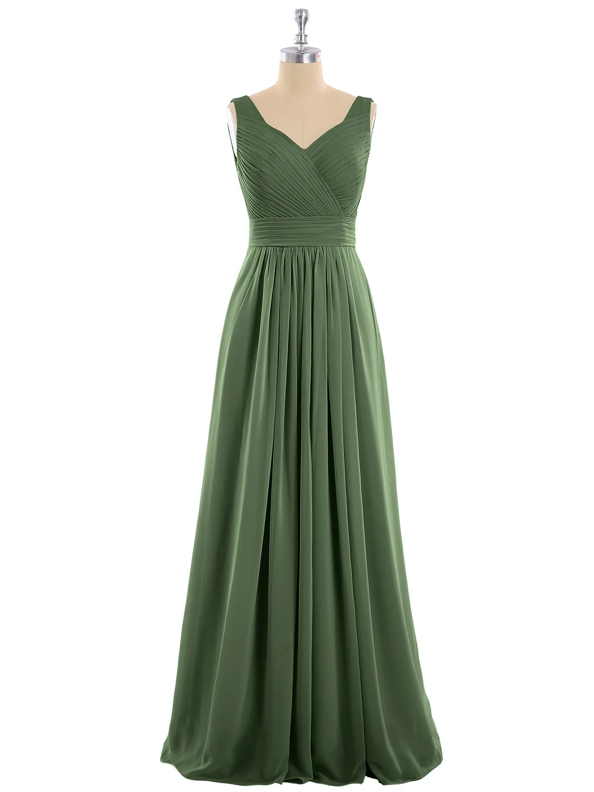 A-line Chiffon Floor Length V Neck Dresses Olive Green