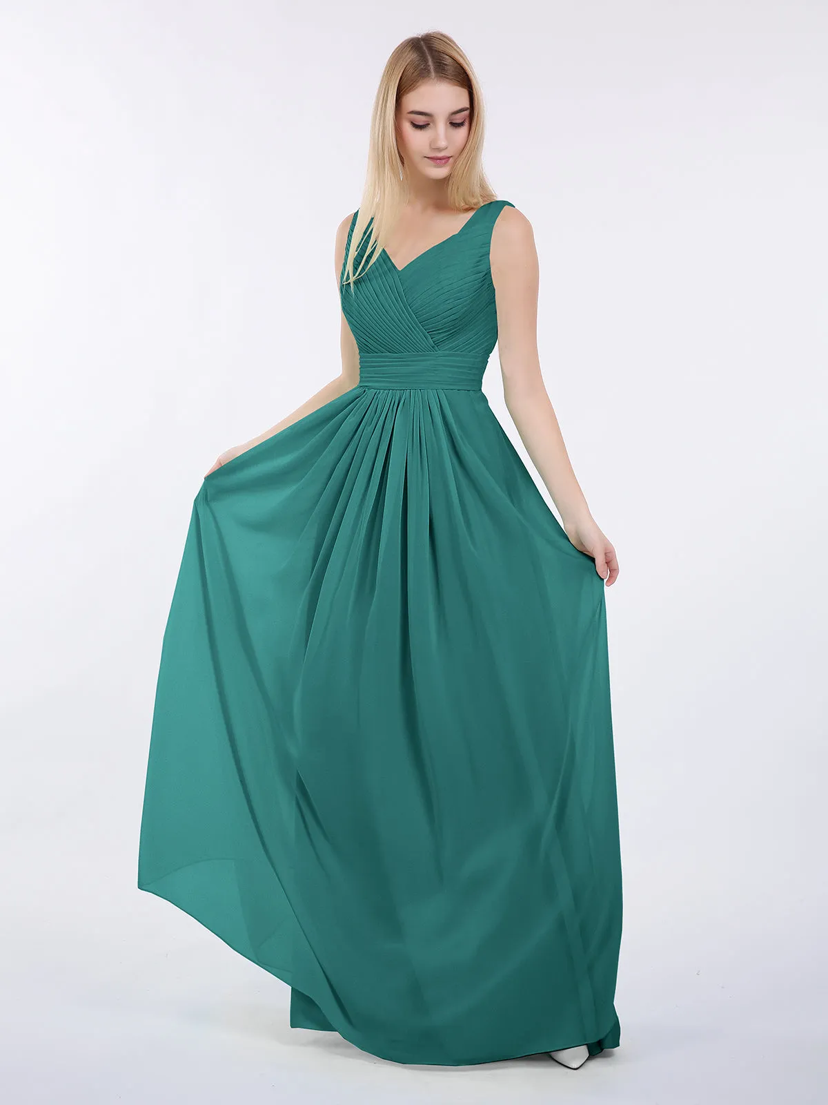 A-line Chiffon Floor Length V Neck Dresses Peacock