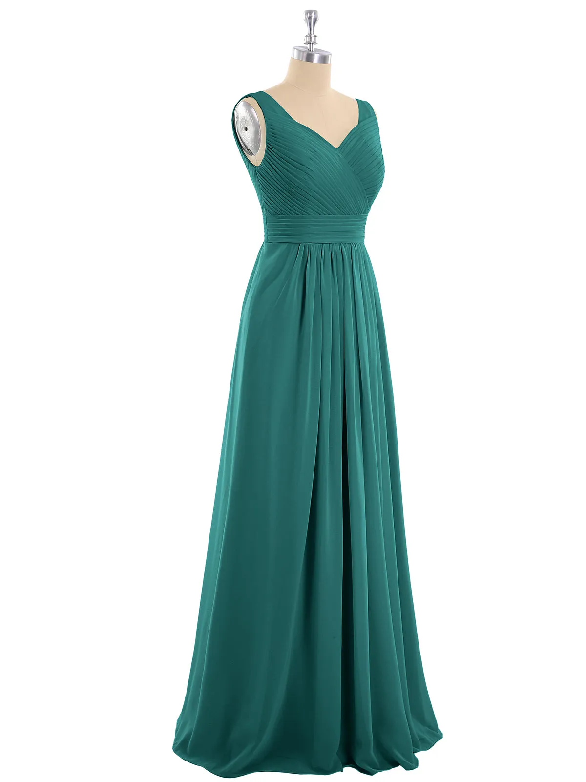 A-line Chiffon Floor Length V Neck Dresses Peacock