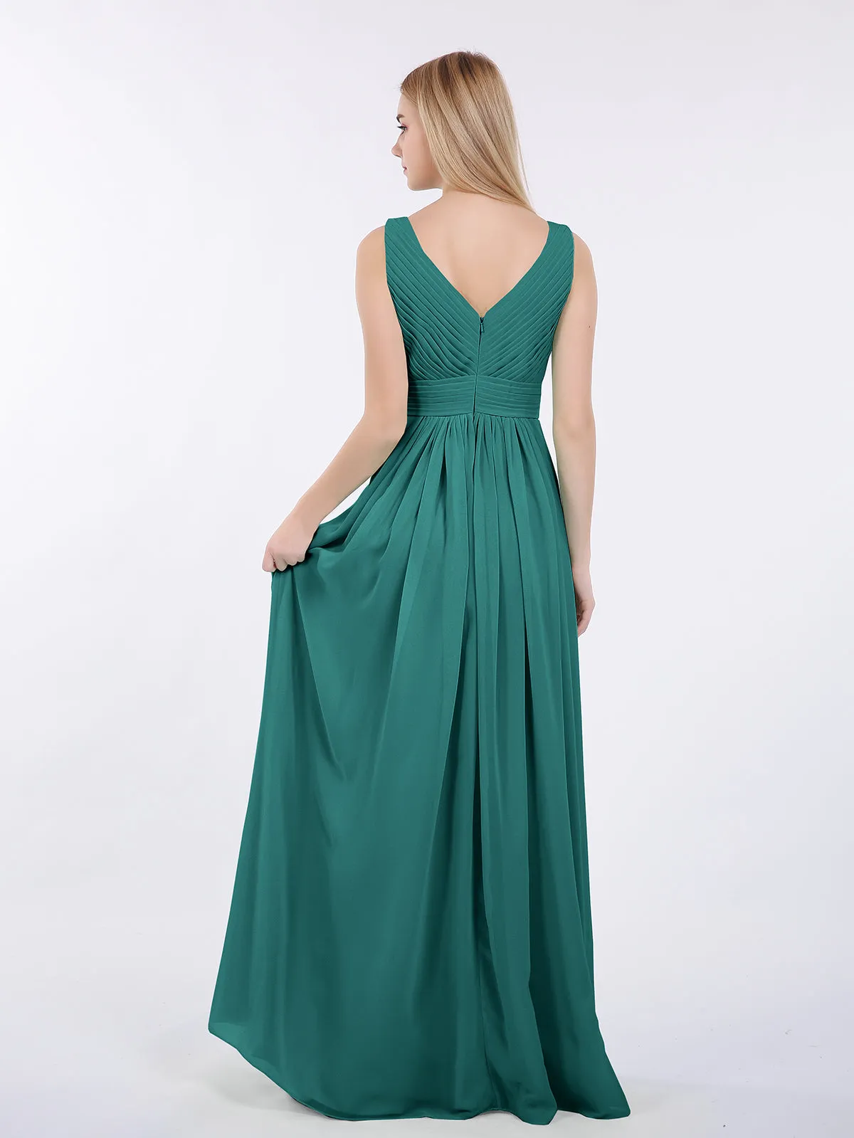 A-line Chiffon Floor Length V Neck Dresses Peacock