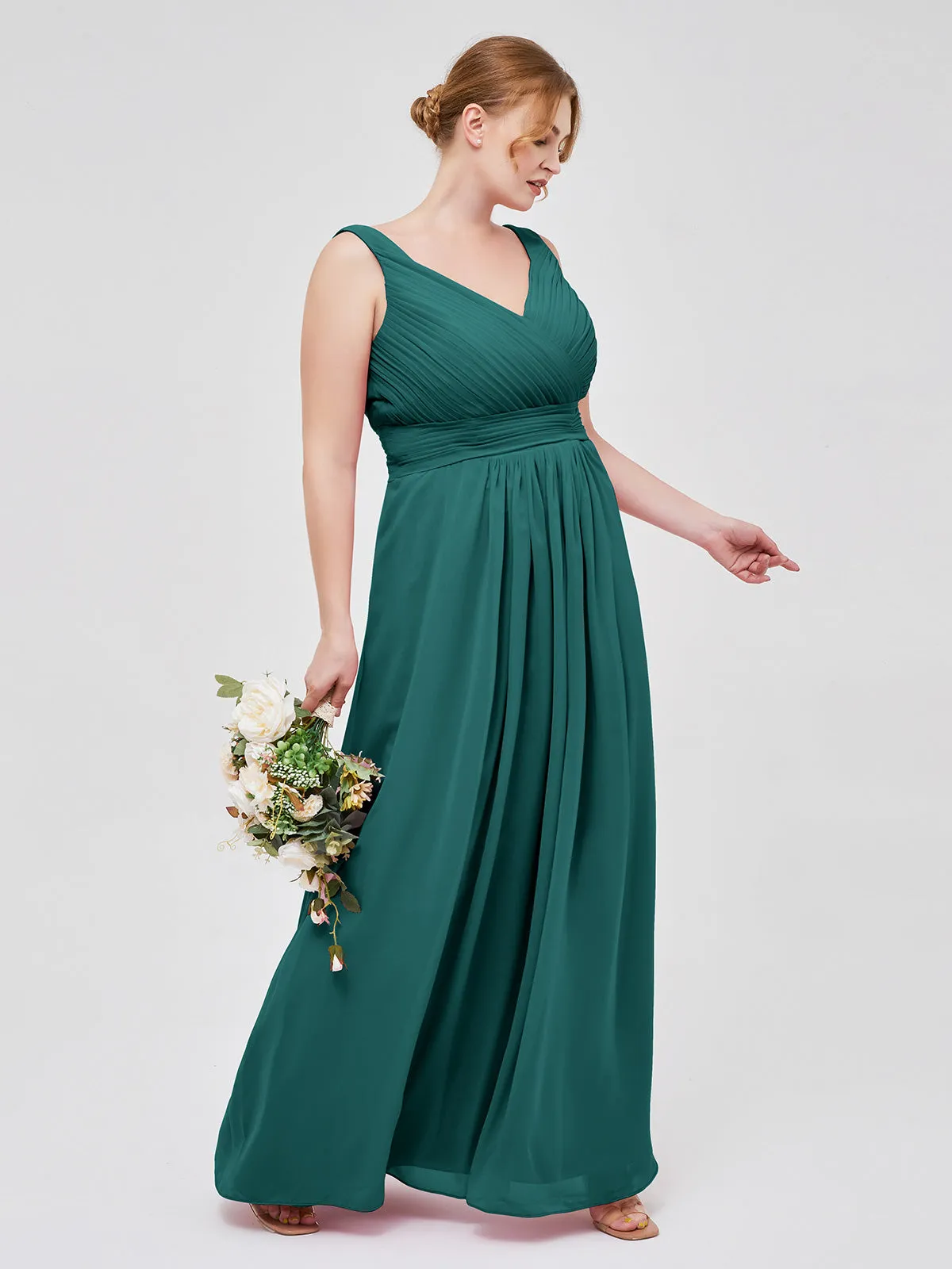 A-line Chiffon Floor Length V Neck Dresses Peacock