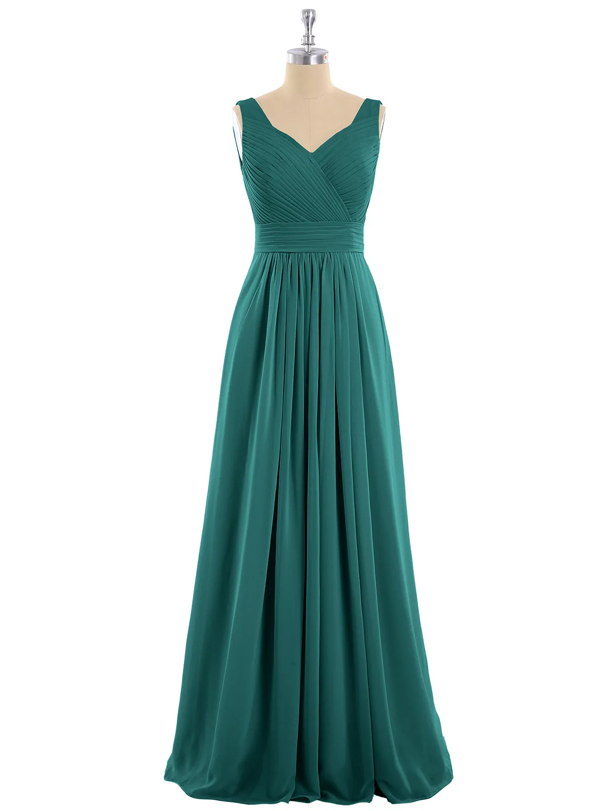 A-line Chiffon Floor Length V Neck Dresses Peacock