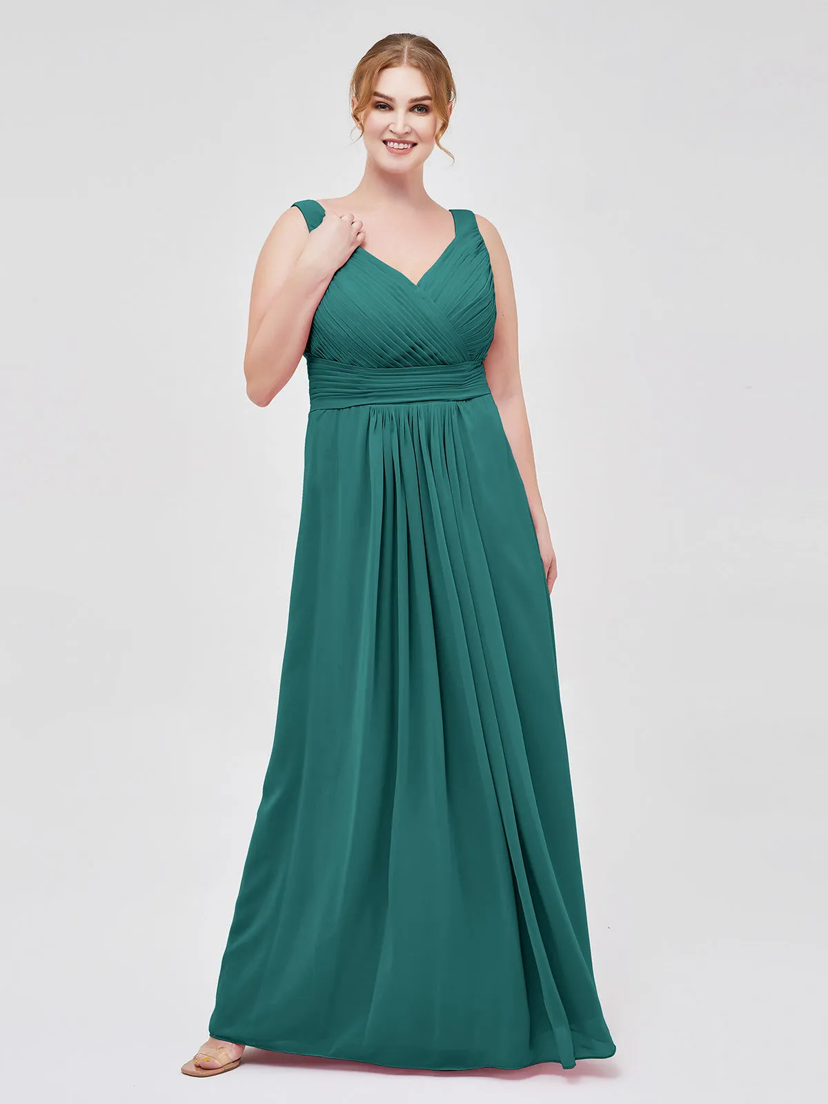 A-line Chiffon Floor Length V Neck Dresses Peacock
