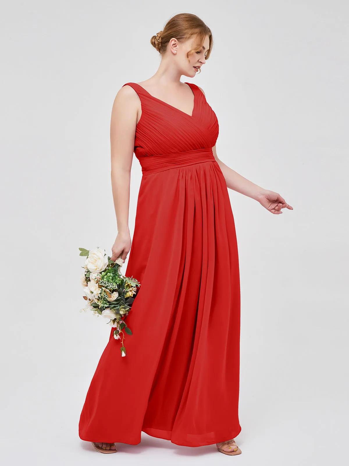 A-line Chiffon Floor Length V Neck Dresses Red Plus Size