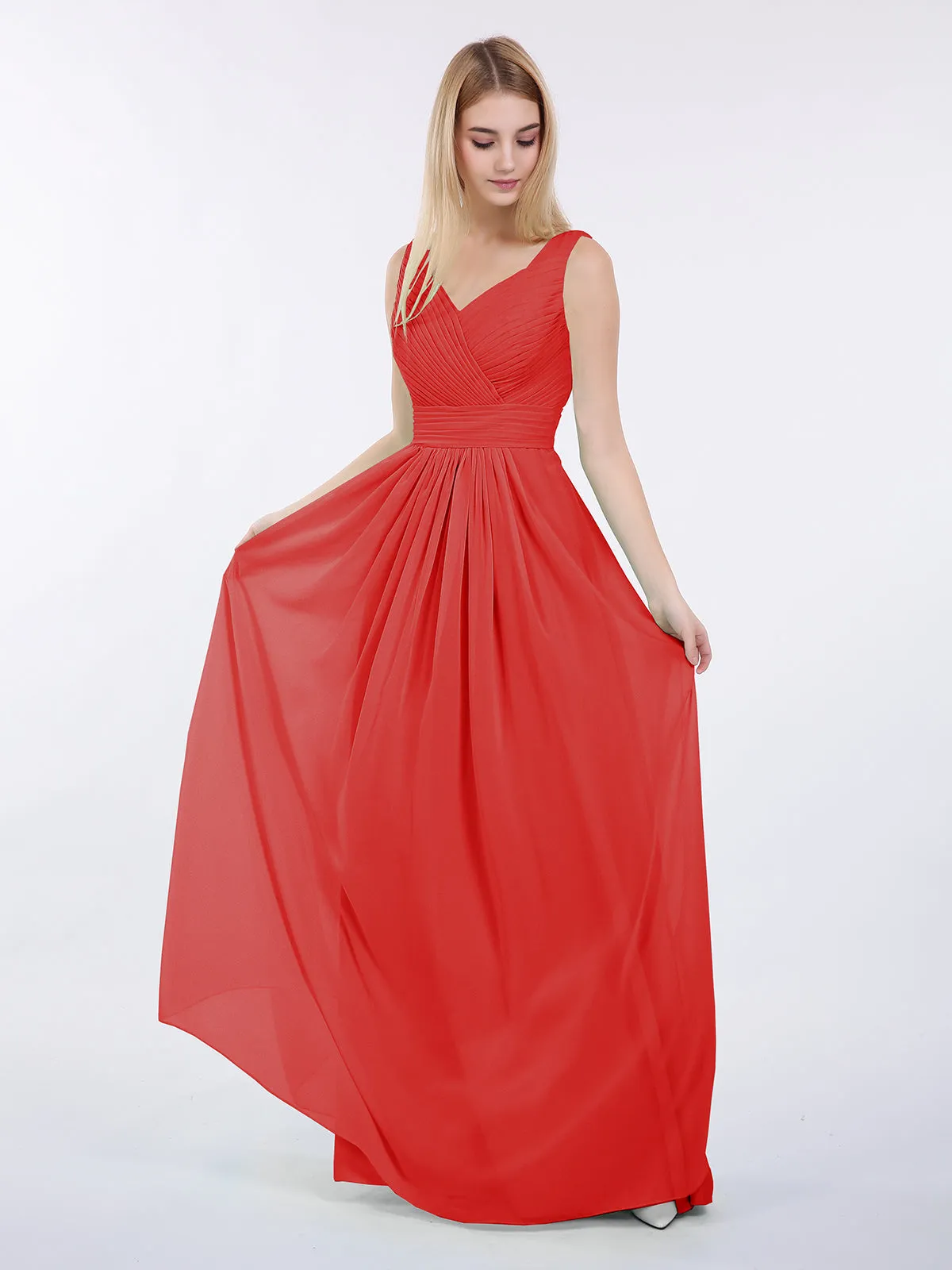 A-line Chiffon Floor Length V Neck Dresses Red
