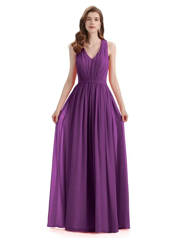 A-Line Sleeveless Pleats Chiffon Cheap Long Bridesmaid Dresses