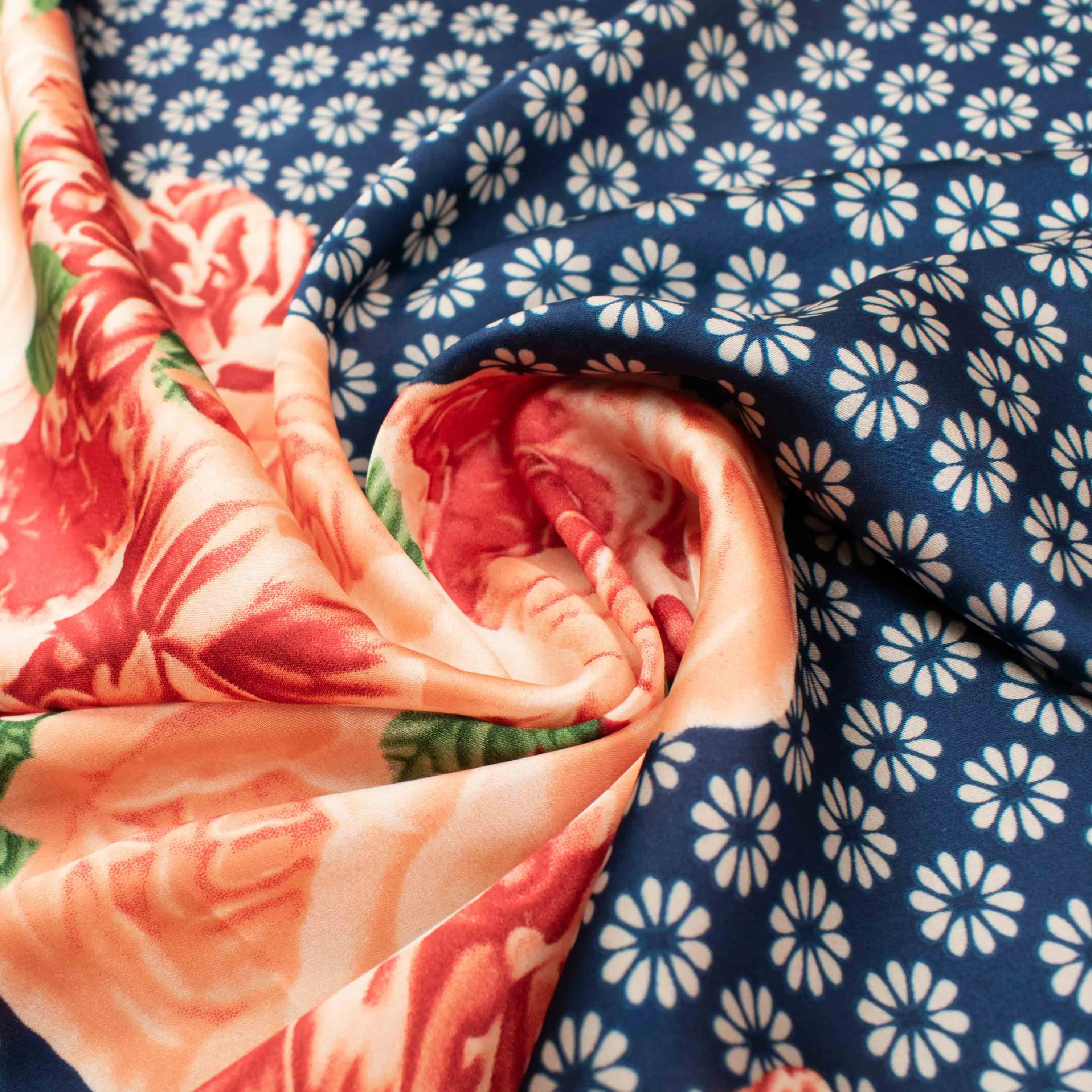 Amarylis Printed Satin Design-45 Border Coral Flowers on Navy