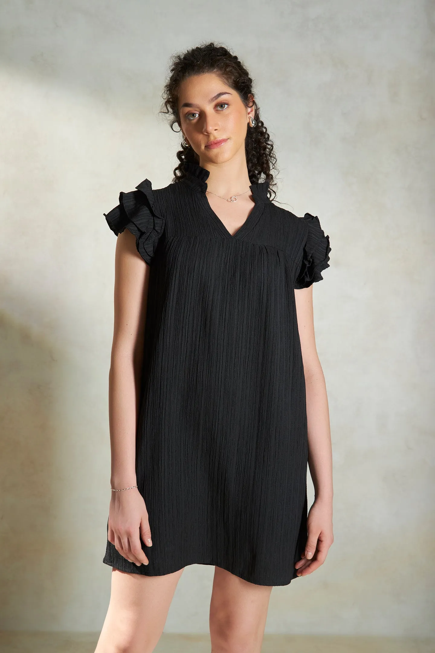 Aries |Breathable Poly Crinkle Ruffled Sleeve Dress