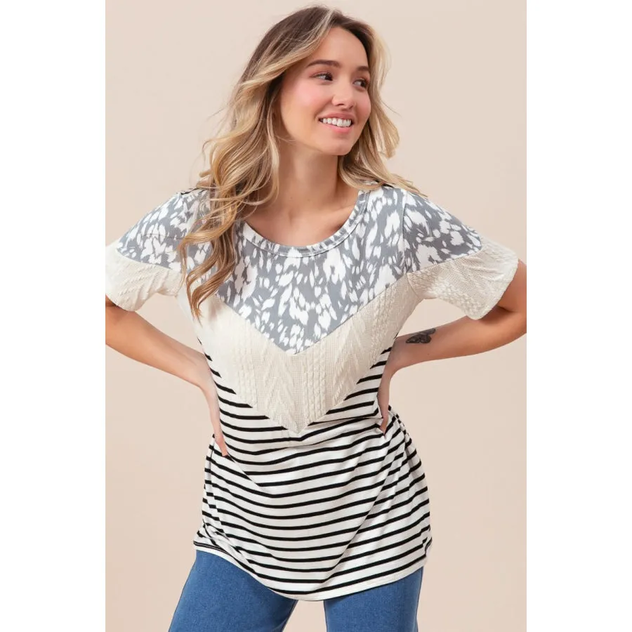 BiBi Printed Color Block Short Sleeve T-Shirt