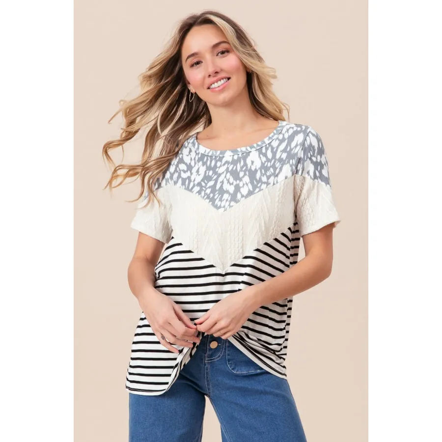 BiBi Printed Color Block Short Sleeve T-Shirt