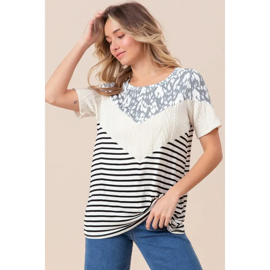 BiBi Printed Color Block Short Sleeve T-Shirt